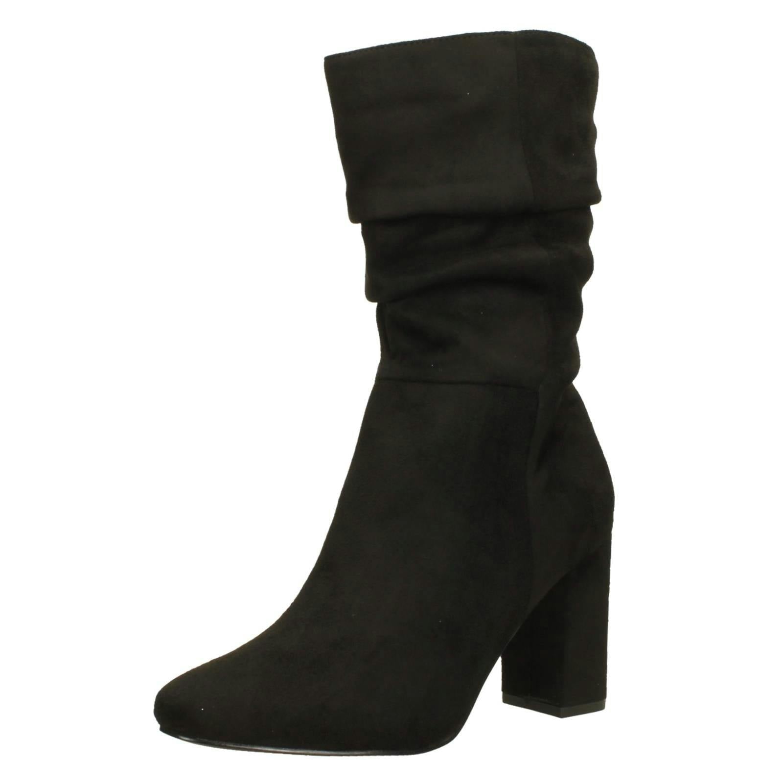 Spot On Women's Black Mid Block Heel Calf Rouched Boots F51238 - Uk 6