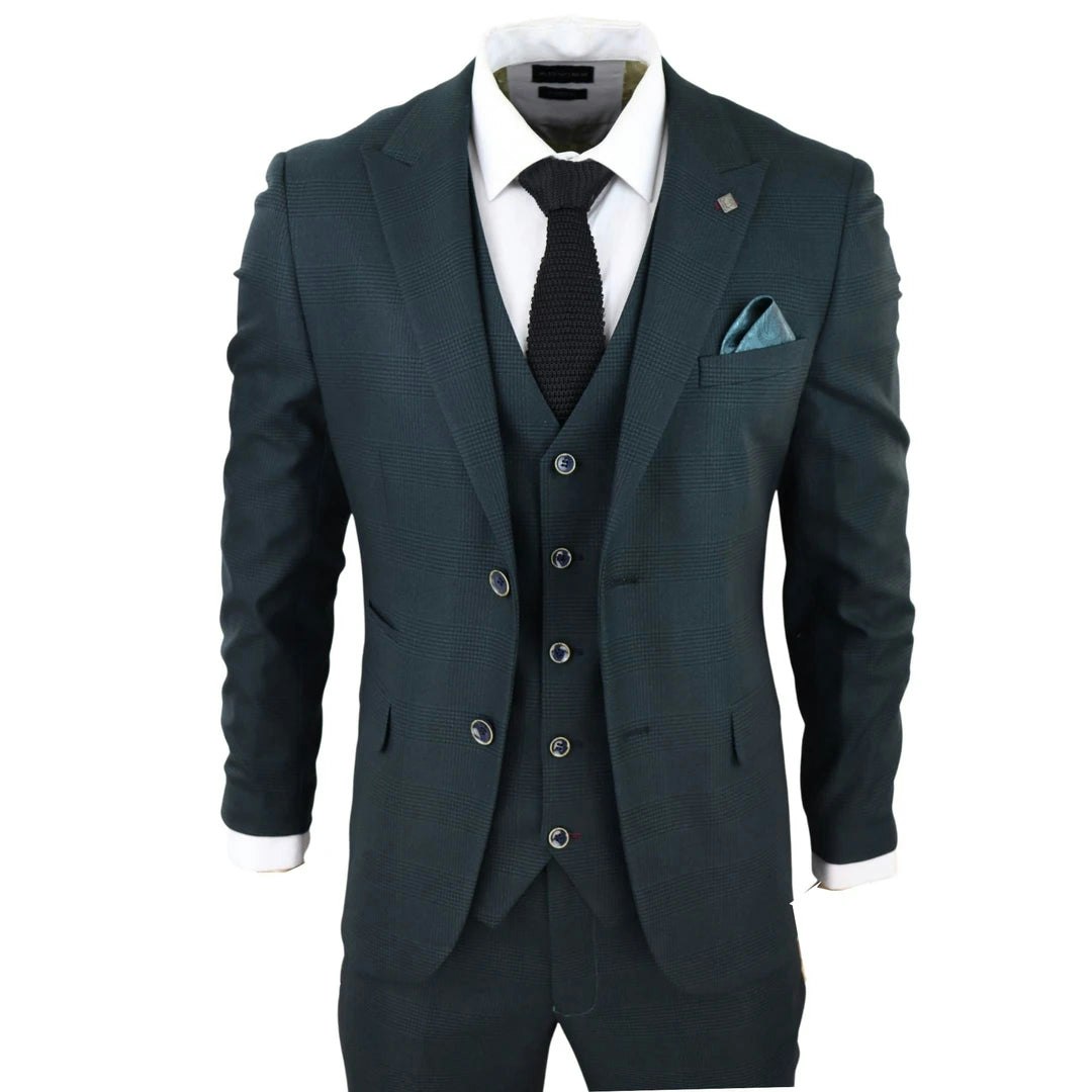 Paul Andrew Men's Green/Black Jasper - Olive 3 Piece Suit Prince Of Wales Check - 46" Jacket 40" Trousers