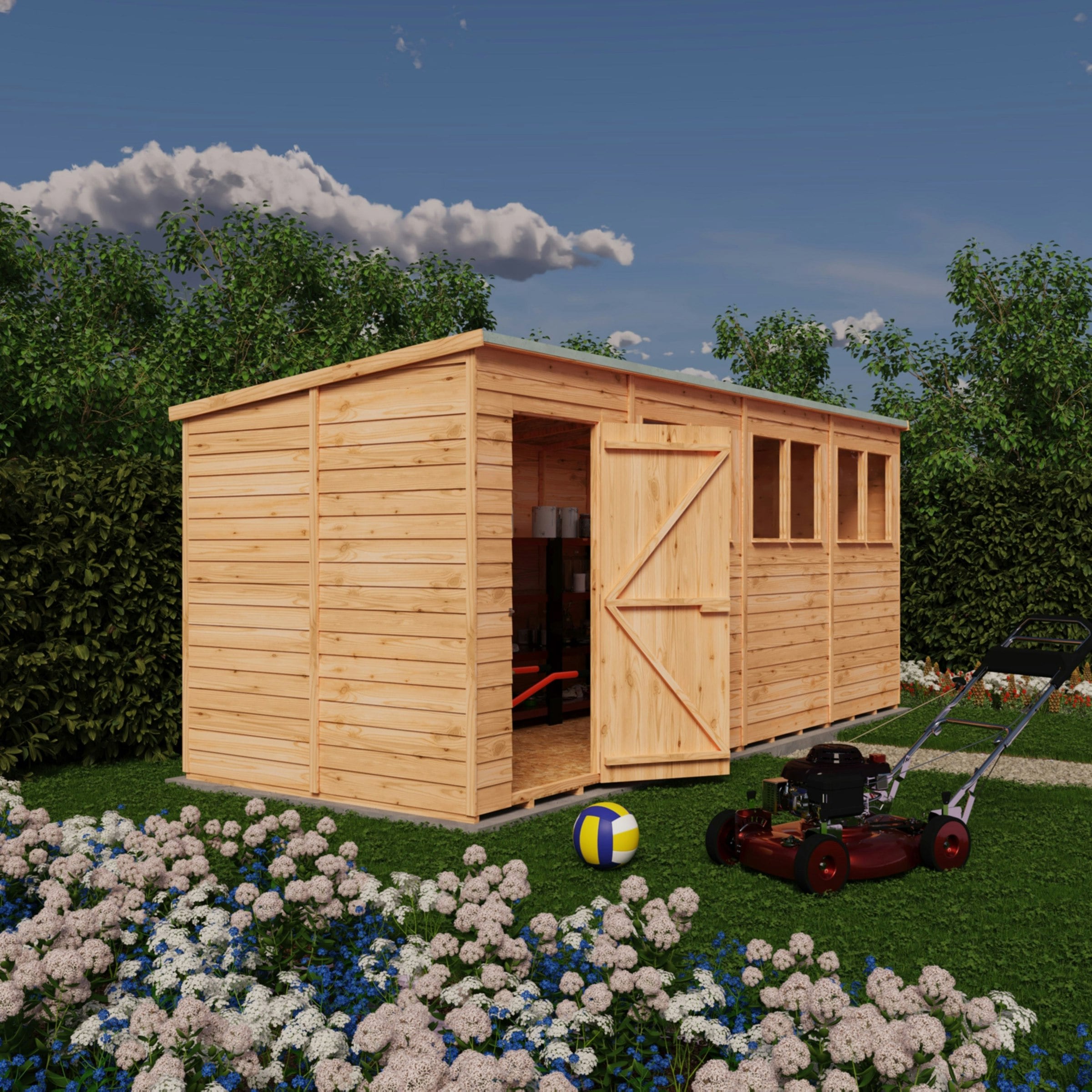 Rackhams Overlap 16X6 Single Door Pent Shed With Windows