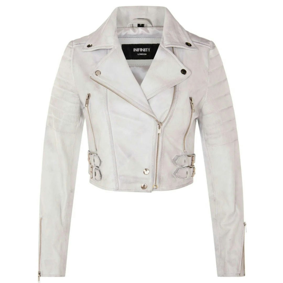 Infinity Leather Women's White Real Leather Short Cropped Length Biker Jacket - Uk 20