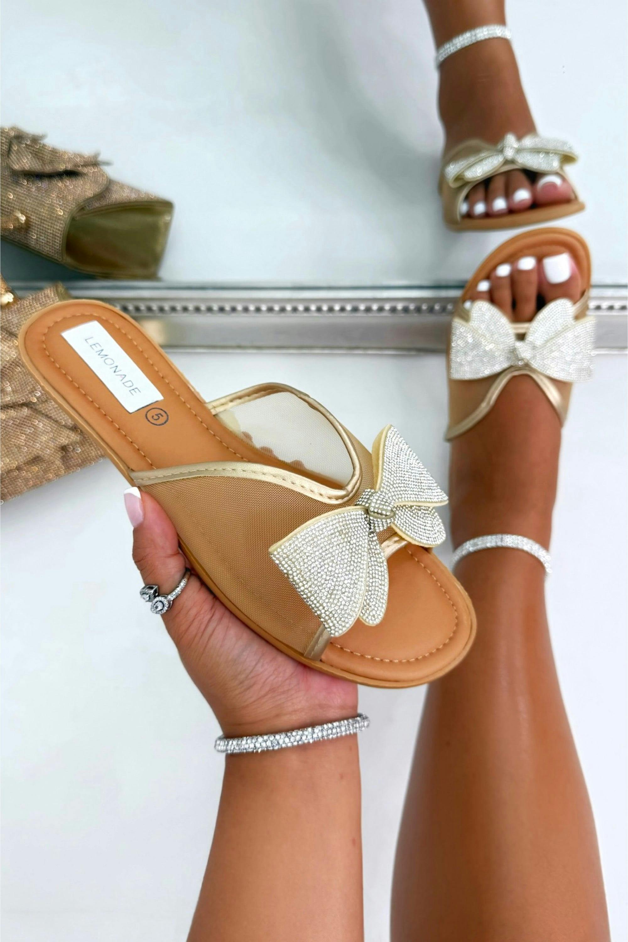 Love Lemonade Women's Gold Sparkly Love Story Bow Sliders - Uk 3