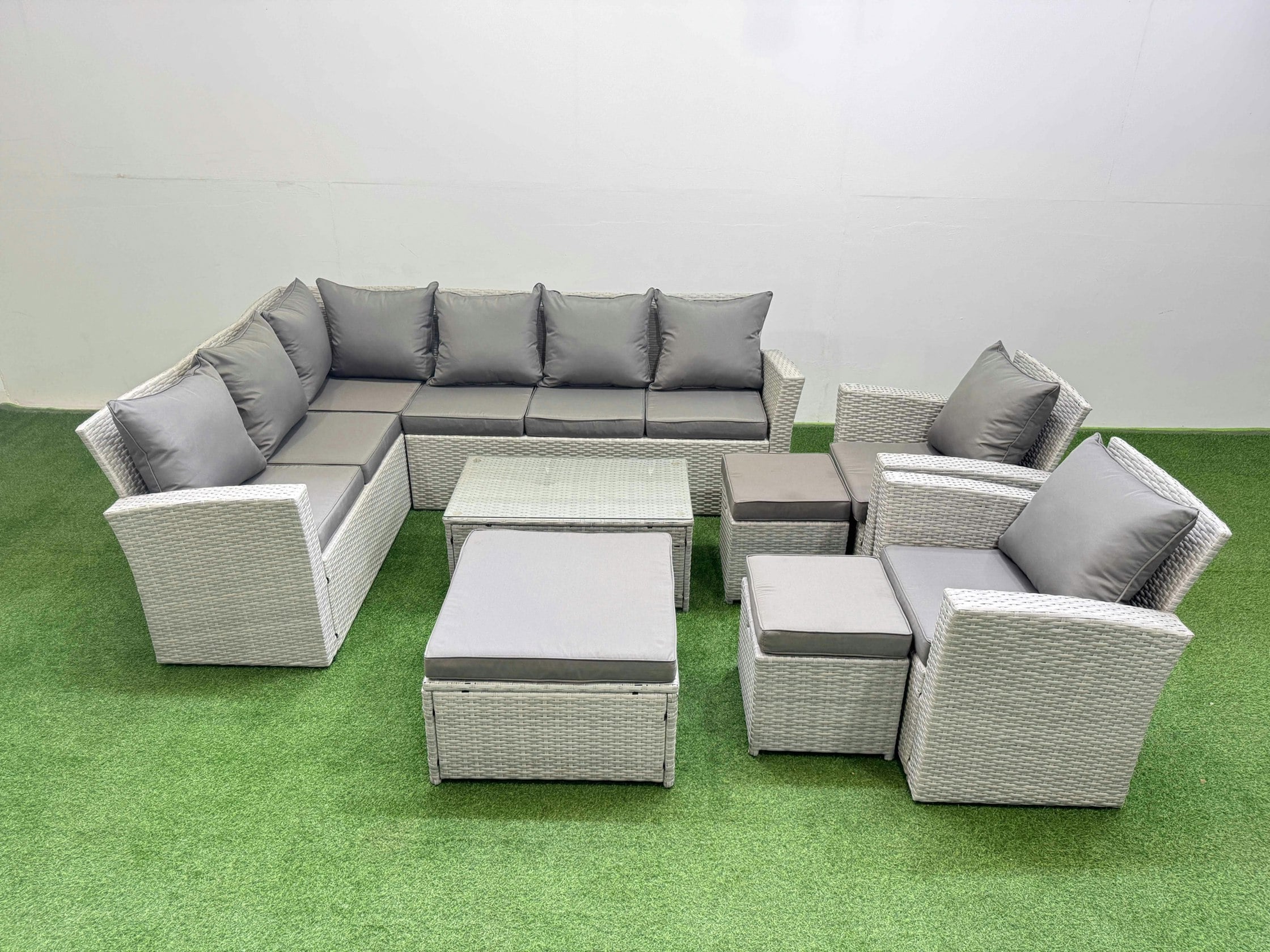 Fimous Light/Grey 11 Seater Garden Outdoor Pe Rattan Furniture Set Rattan Garden Sofa Set With 3 Footstools Mixed