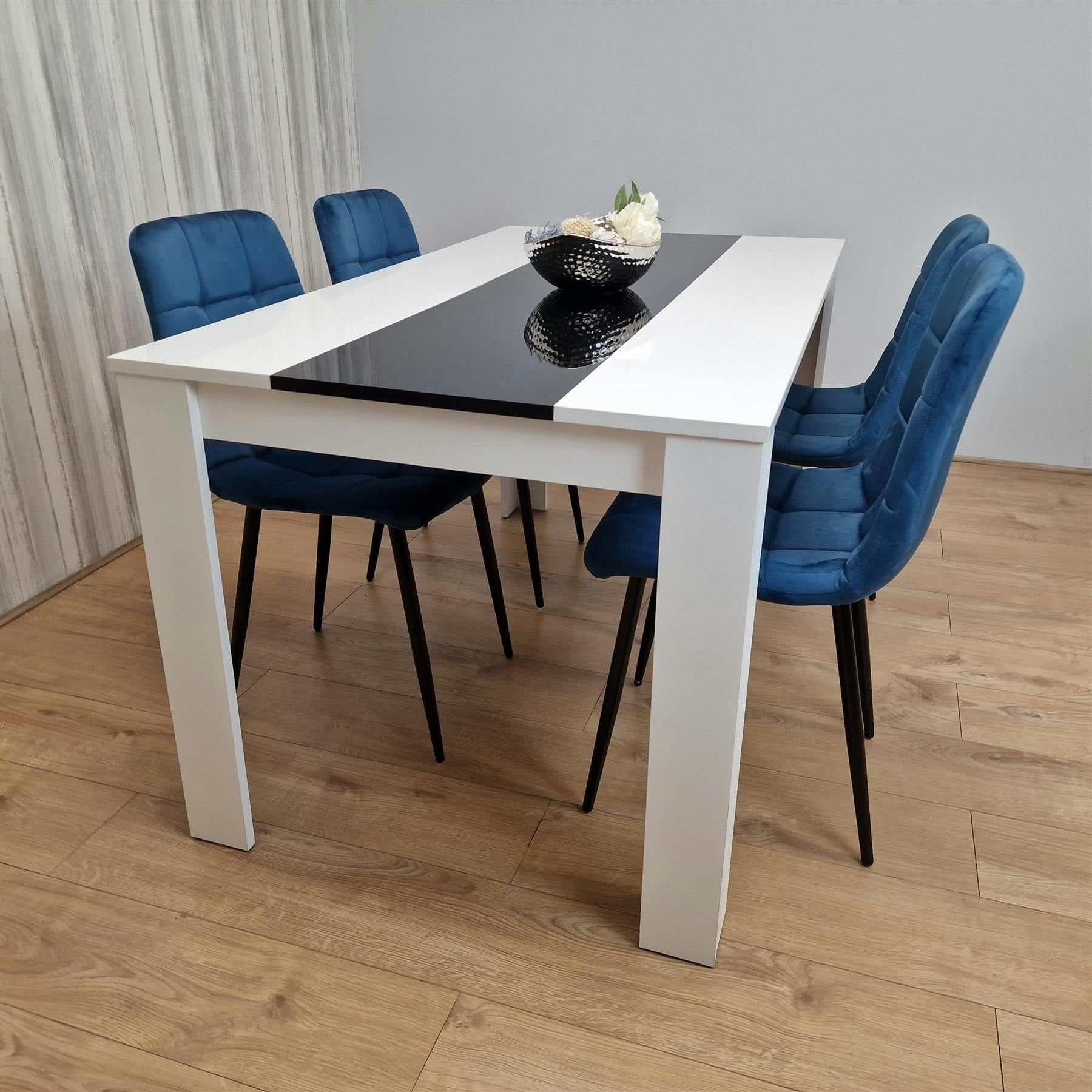 Kosy Koala Unisex Brown Dining Table & 4 Chairs Set White Black Table W/ 4 Blue Velvet Chairs Dining Room Furniture In - Image 9