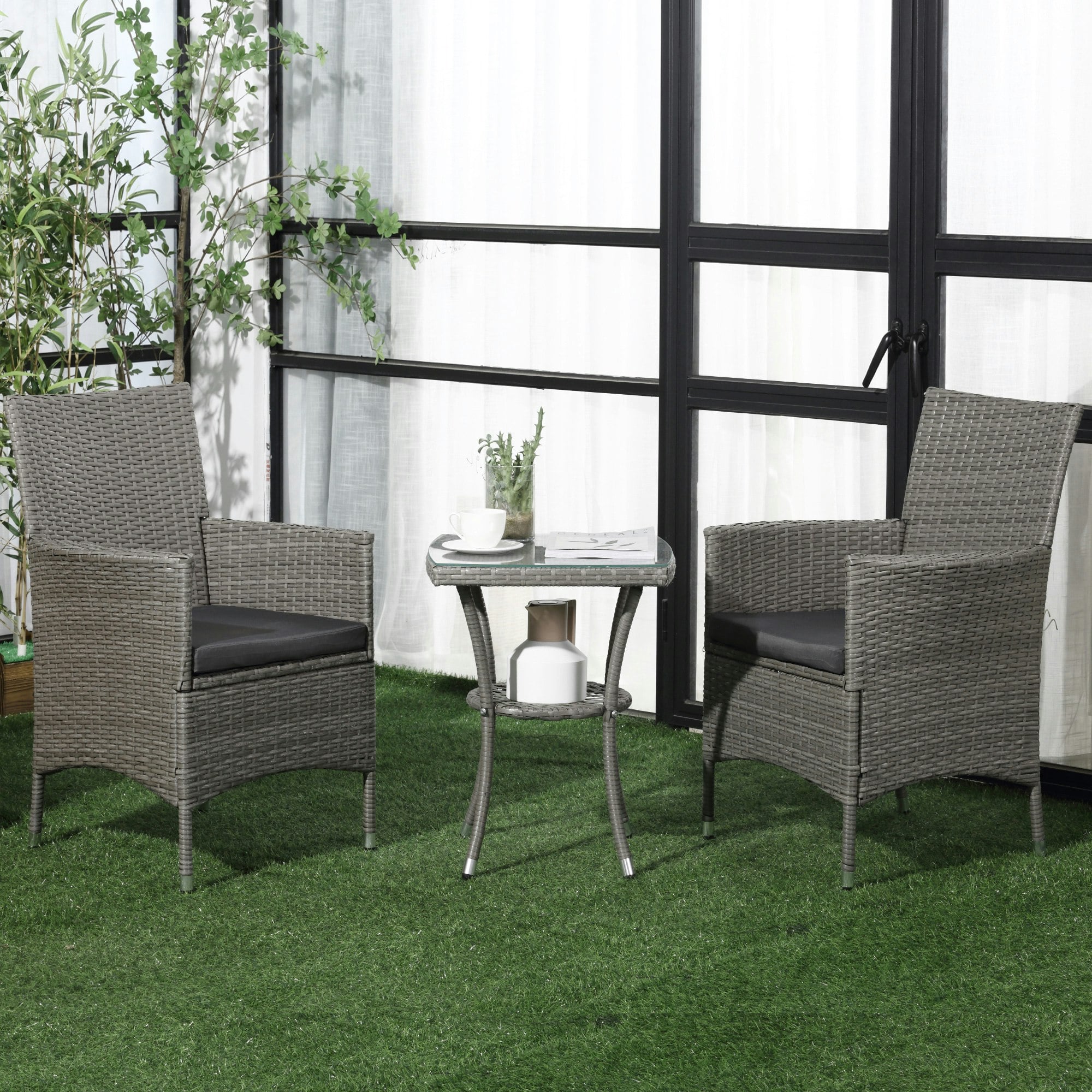 Rackhams Grey Rattan Bistro Set Garden Chair Table Patio Outdoor, Mixed - Steel, Pe Rattan, Polyester - 60Cmx58.5cmx89.5cm