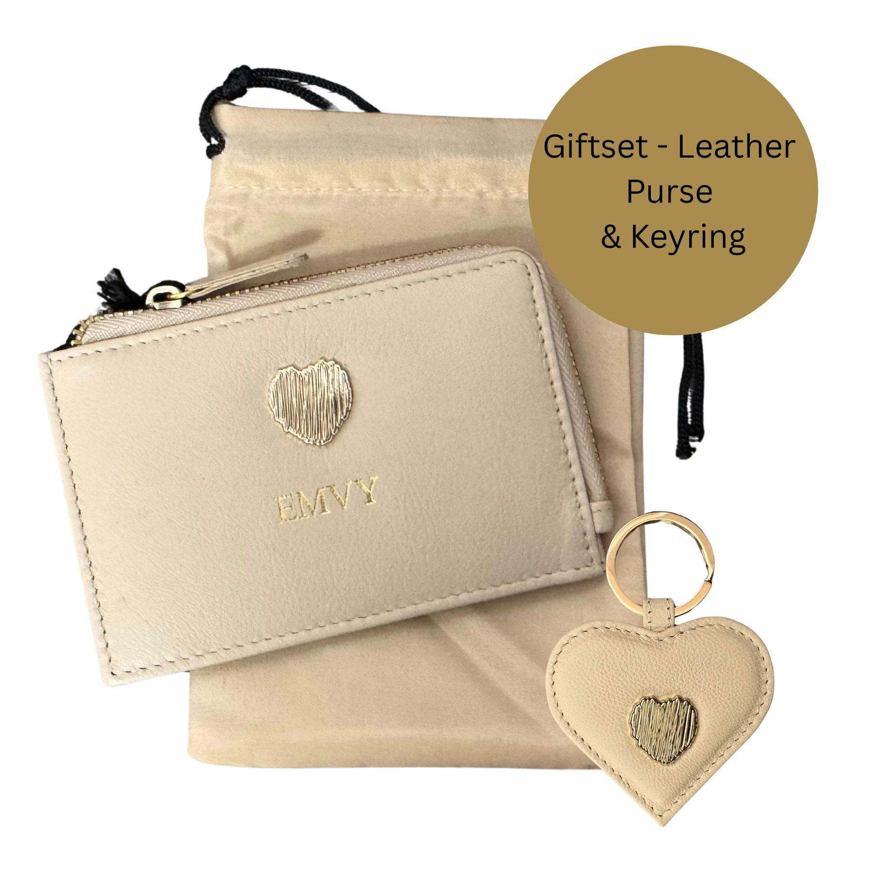 Love Emvy Gold Signature Heart Giftset - Leather Coin Purse & Heart Keyring - Stone