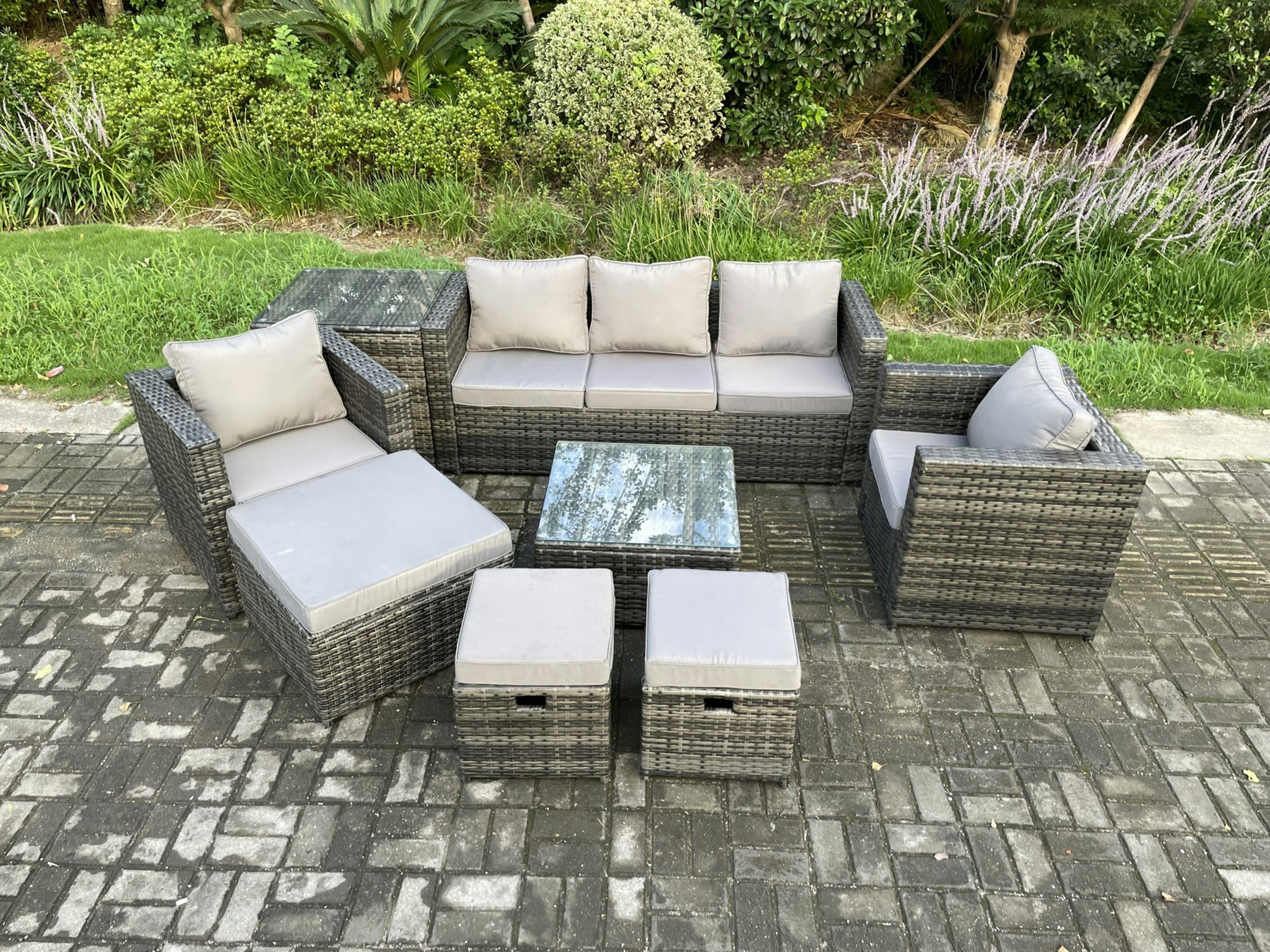 Fimous Dark/Grey 8 Seater Wicker Rattan Garden Furniture Sofa Set With Side Table Armchair Square Coffee Table 3 Footstools Mixed