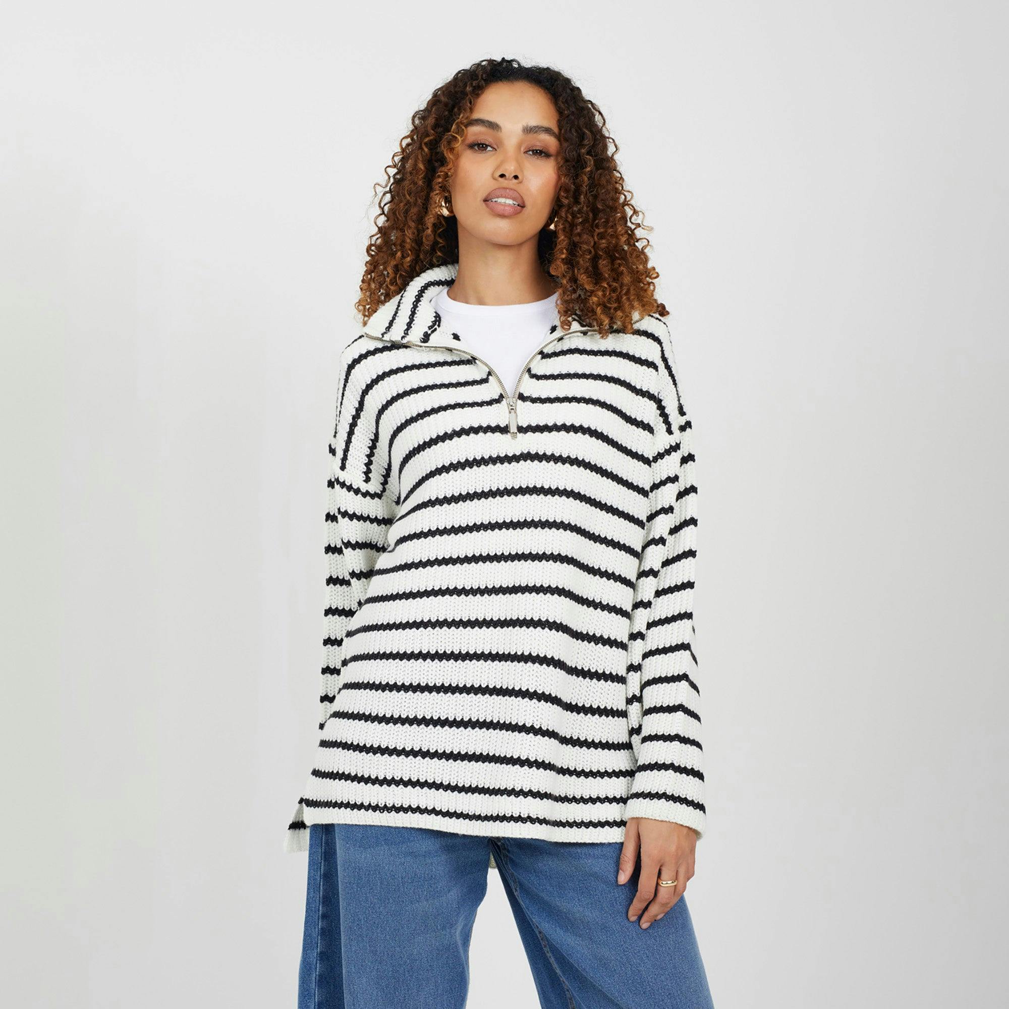 Brave Soul Cream Half Zip Striped Fisherman Knit Jumper - Xs