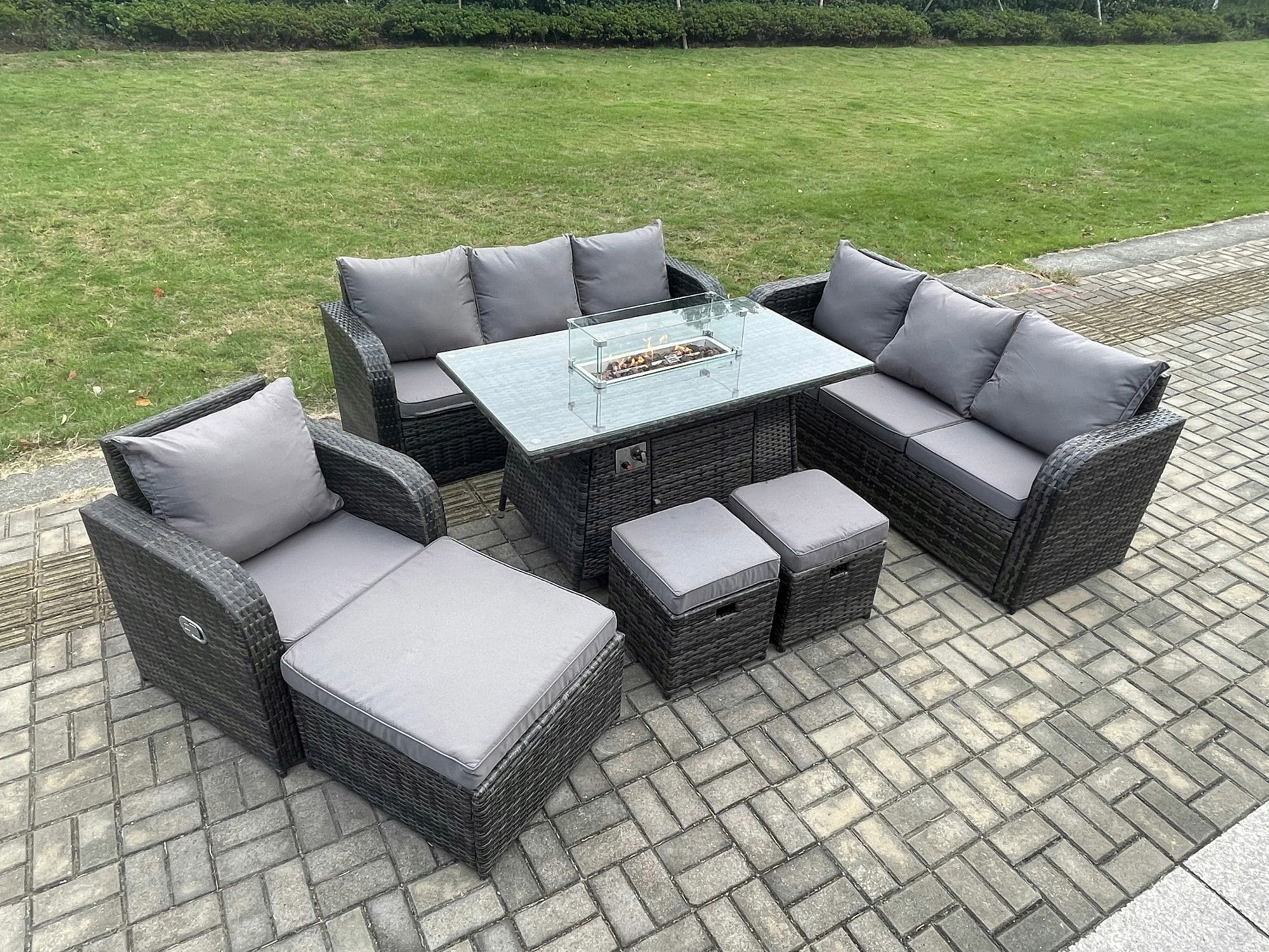 Fimous Dark/Grey 10 Seater Wicker Rattan Garden Furniture Set Gas Fire Pit Dining Table Reclining Chair 3 Seater Sofa Set Indoor Outdoor With 3 Footstools