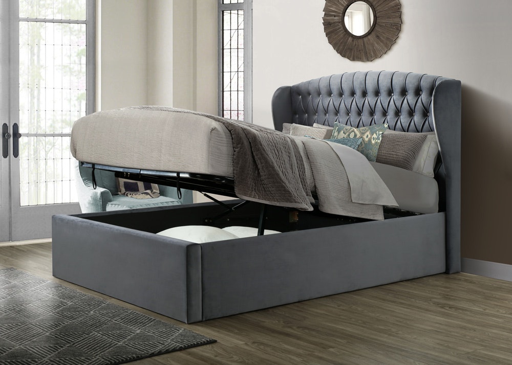 Rackhams Grey Warwick Velvet Ottoman Bed - Velvet Double