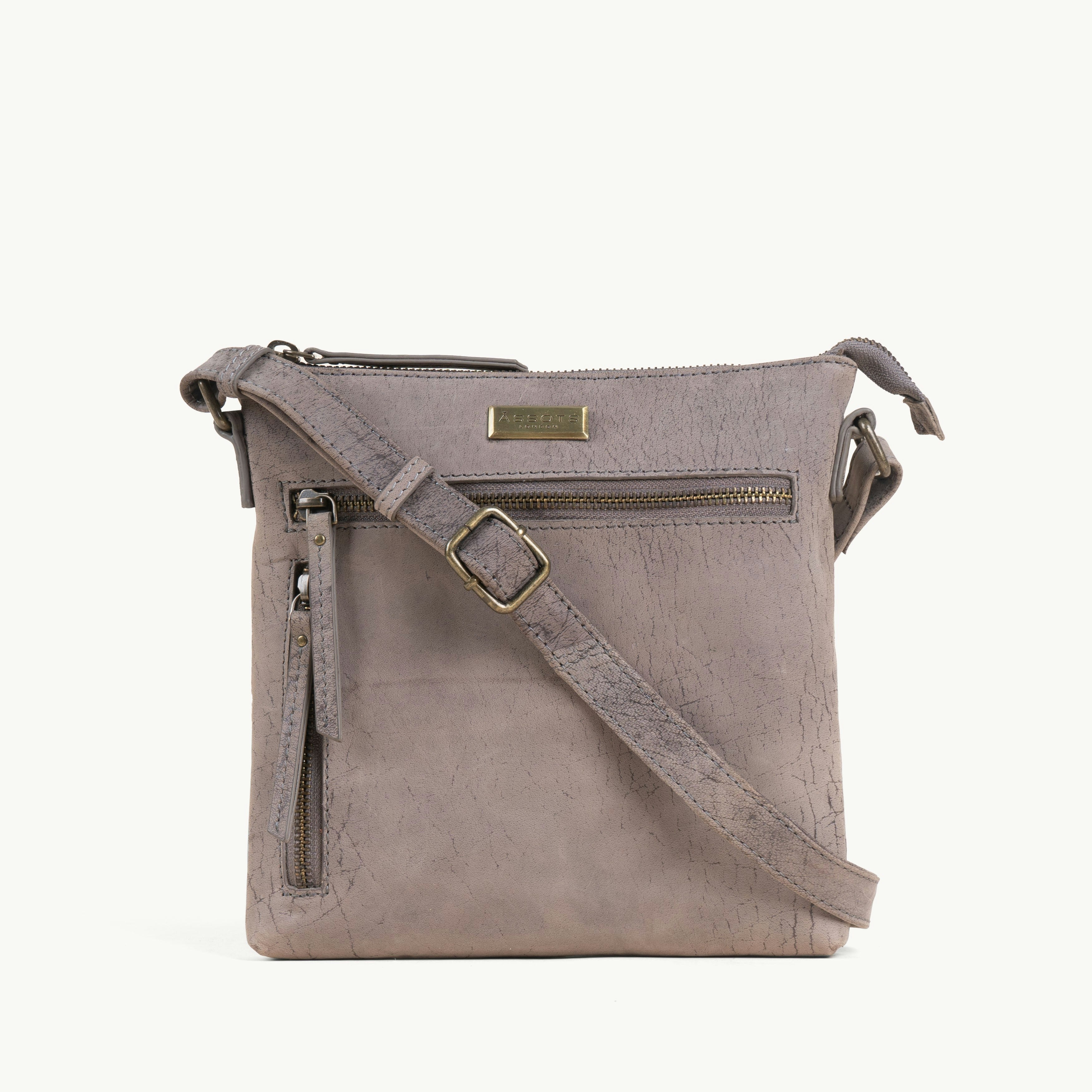 Assots London Grey 'Rue' Distressed Real Leather Crossbody Bag