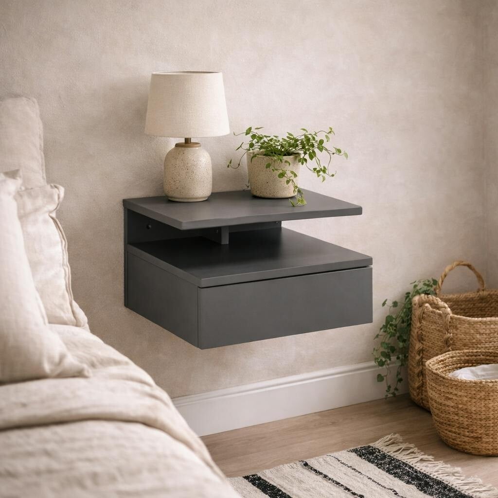 Rackhams Grey Lincoln Wooden Floating Bedside Table 1 Drawer Open Shelf