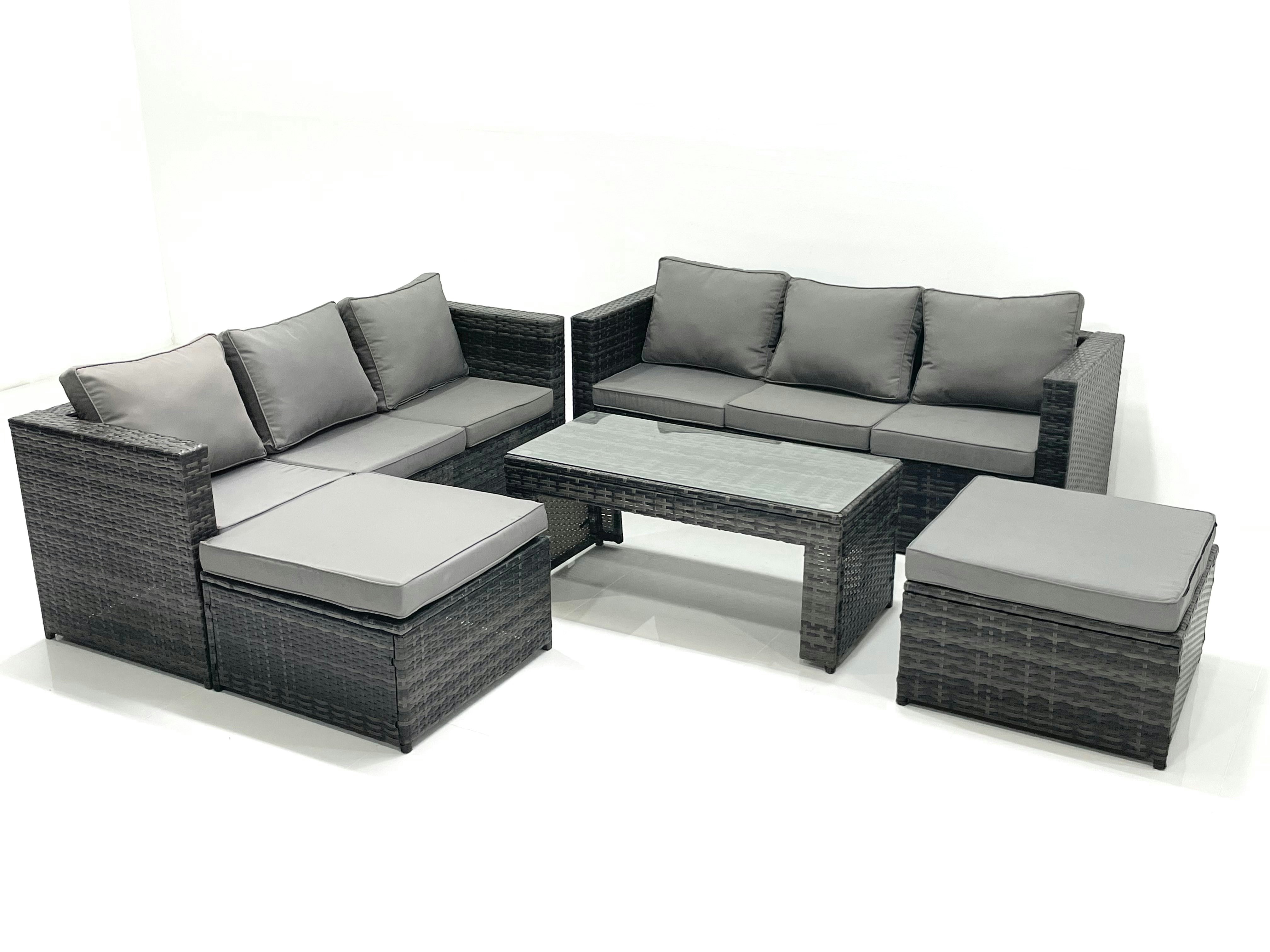 Fimous Dark/Grey Garden Outdoor Rattan Furniture Set With Sofa Coffee Table 2 Big Footstools Mixed