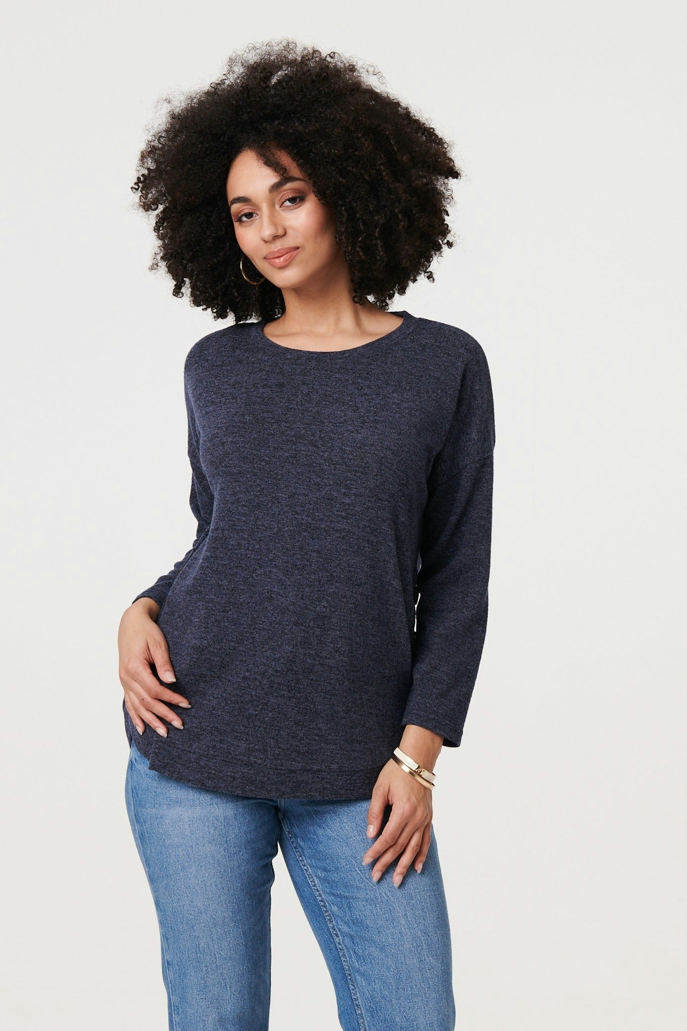 Izabel London Relaxed 3/4 Sleeve Button Detail Top - Navy - 16