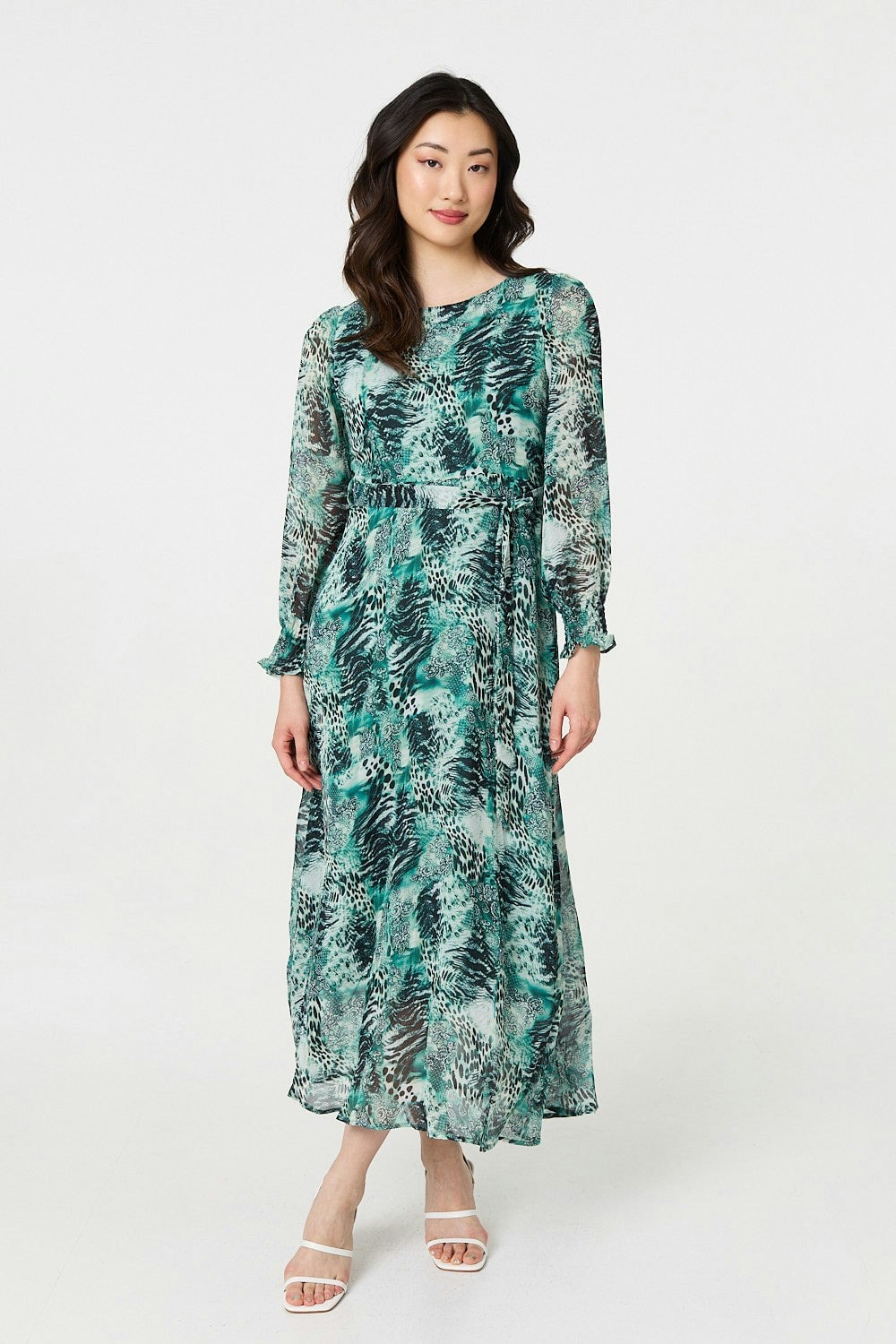 Izabel London Green Animal Print Semi Sheer Maxi Dress - 10