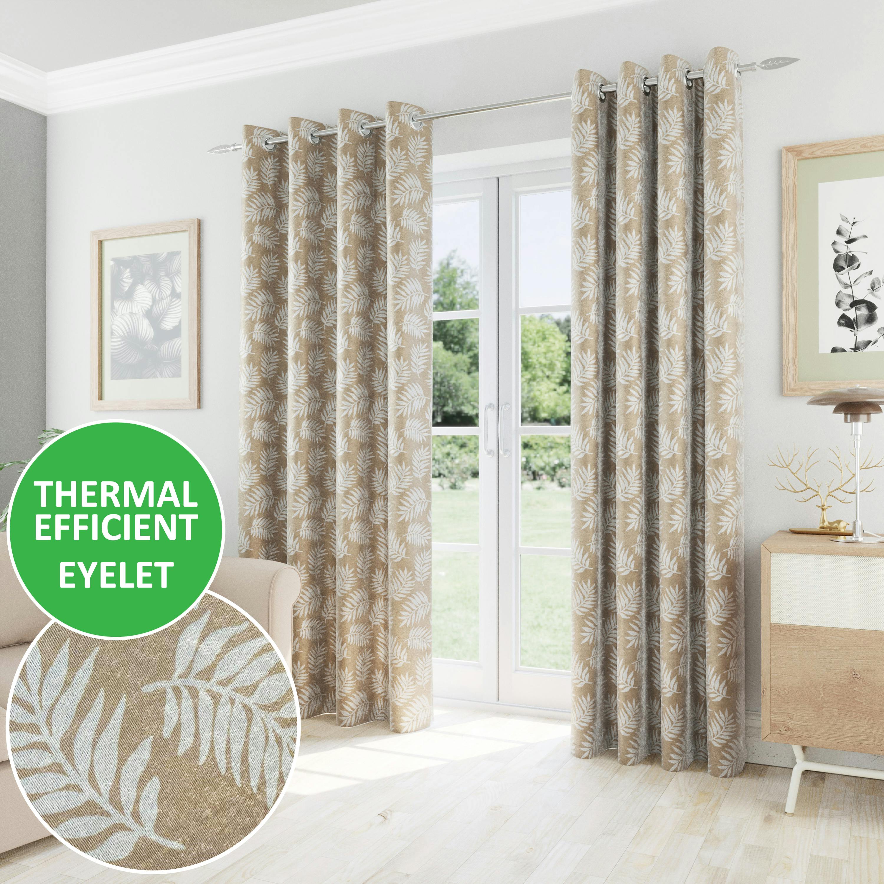 Enhanced Living Light Floral Leaf Pattern Thermal Room Darkening Pair Of Curtains With Eyelets For Living Room & Bedroom - Latte - 54" (137Cm) - 46" (117Cm)
