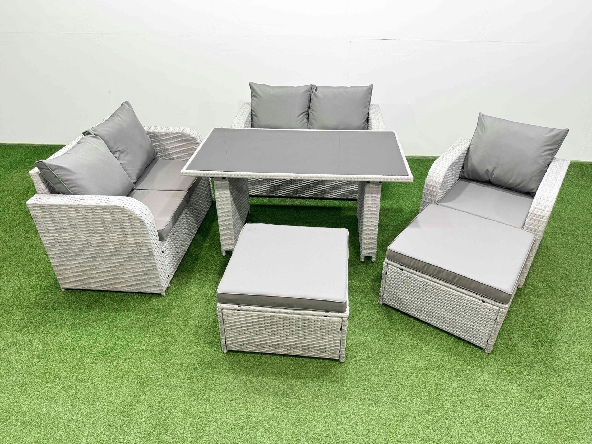 Fimous Light/Grey Rattan Sofa Outdoor Furniture With Dining Table,Love Sofa,2 Big Stools Patio Furniture 7 Seater