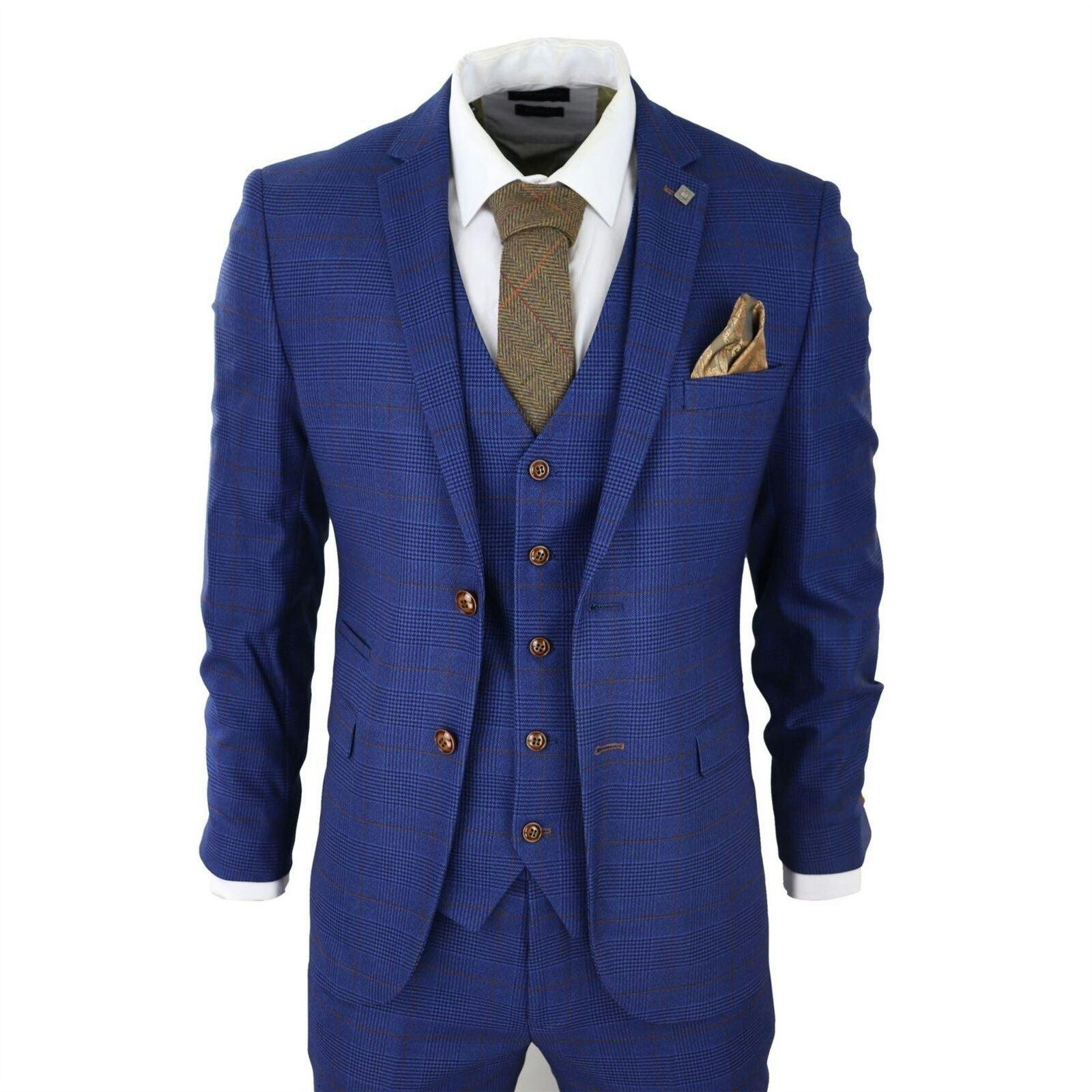 Paul Andrew Men's Blue/Brown Check 3 Piece Tailored Fit Suit - 50" Jacket 44" Trousers