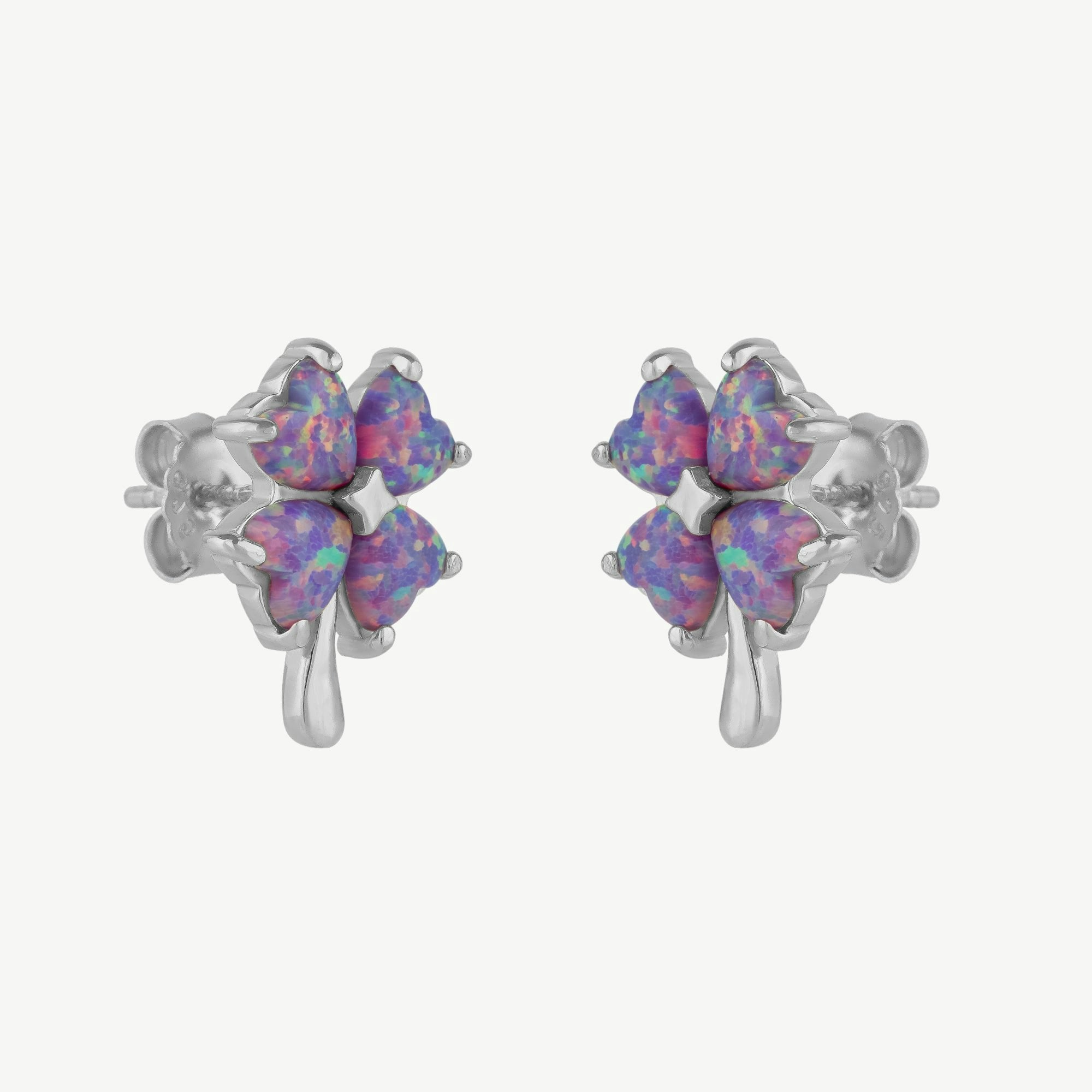 Spero London Pink/Purple/Silver Opal Four Leaves Clover Sterling Stud Earrings - Image 2