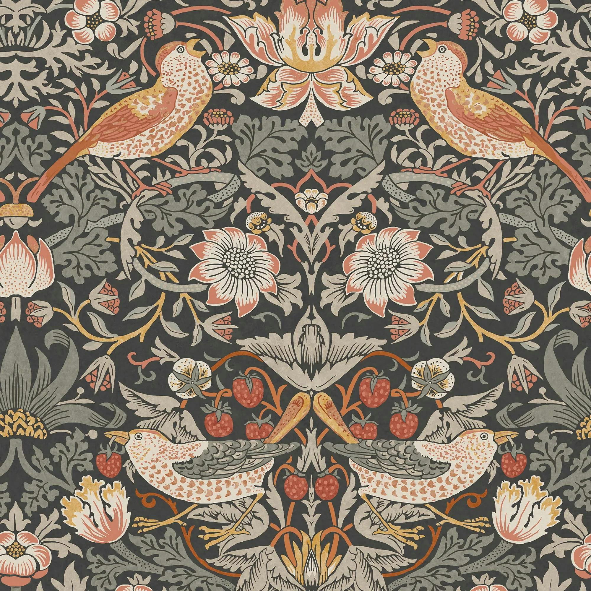 Rackhams White Strawberry Thief Wallpaper | Charcoal