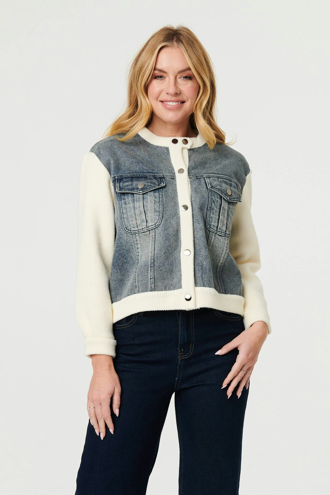 Izabel London Cream Denim Contrast Texture Boxy Jacket - M/L