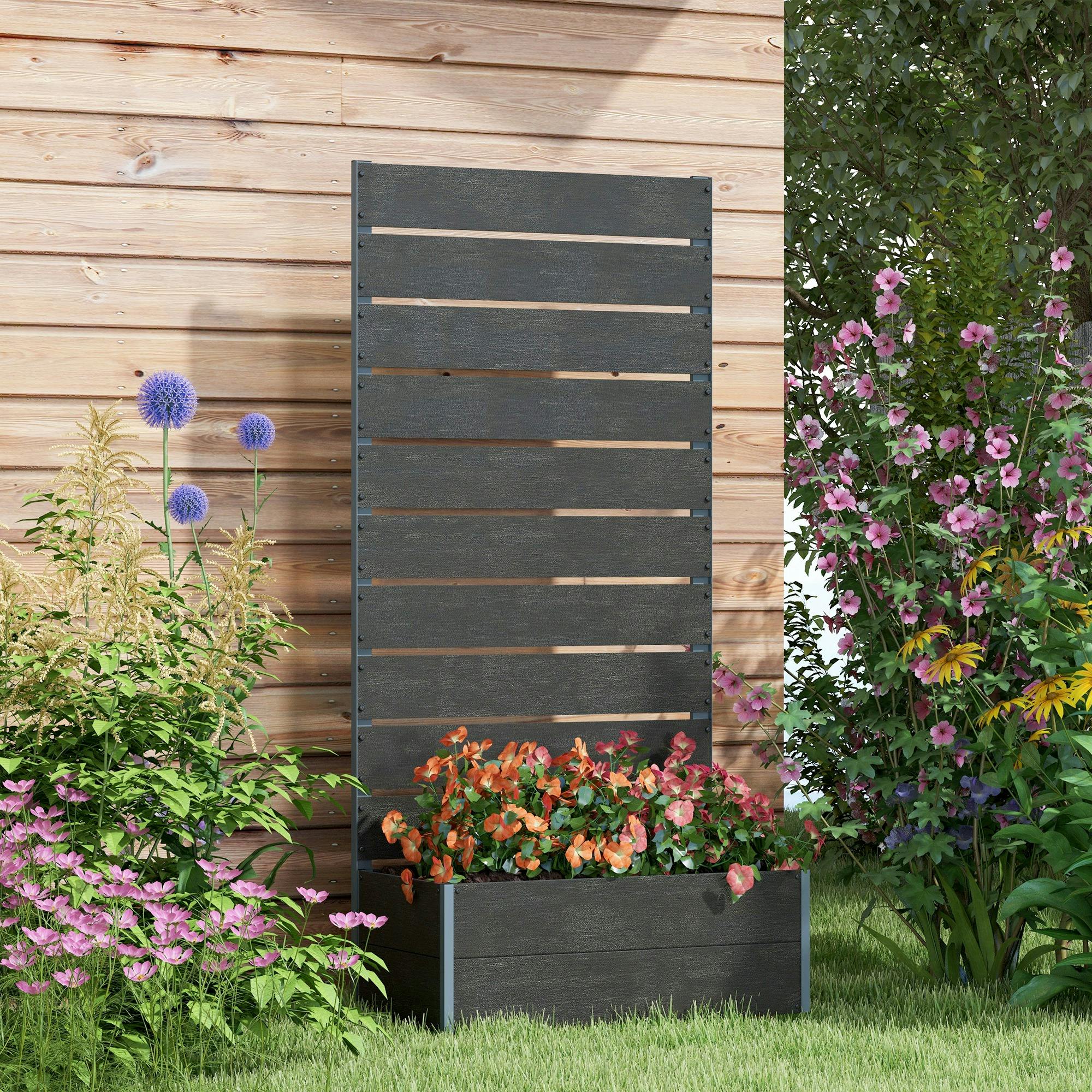 Outsunny Black Raised Garden Bed With Trellis And Drainage Hole, Planter Box - Wood-Plastic Composite Board - 72W X 38D X 150Hcm