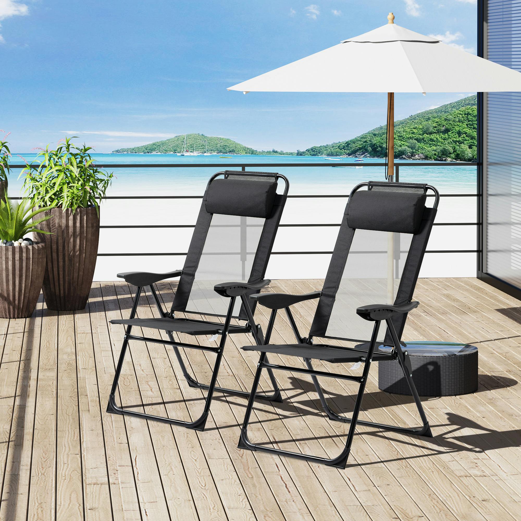 Rackhams Black Set Of 2 Metal Portable Folding Recliner W/ Adjustable Backrest,
