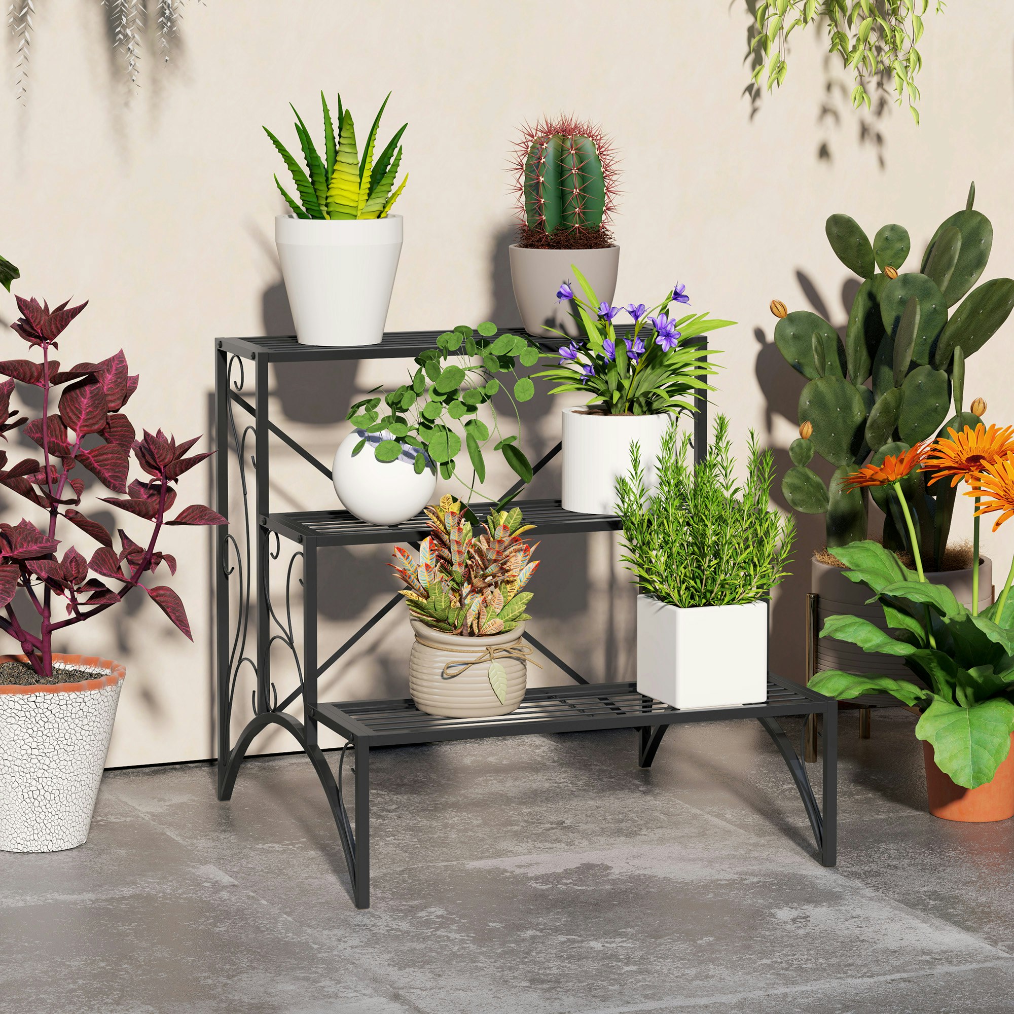 Rackhams Black 3-Tier Metal Plant Stand For Garden Balcony Indoor Outdoor,