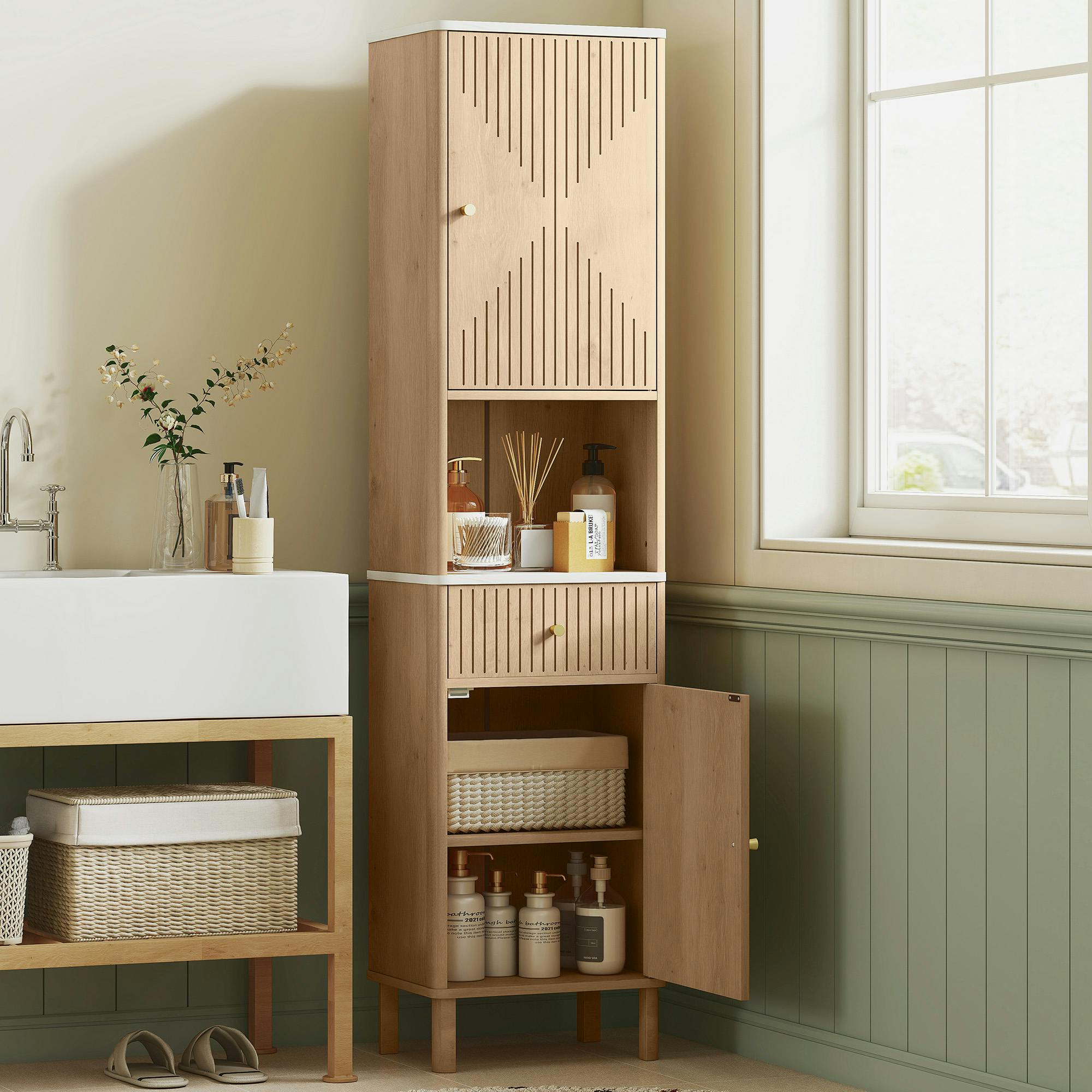 Rackhams 168 Cm Tall Bathroom Cabinet With Drawer And Adjustable Shelves, Oak - Tall Bathroom Cabinet - Mdf - Oak