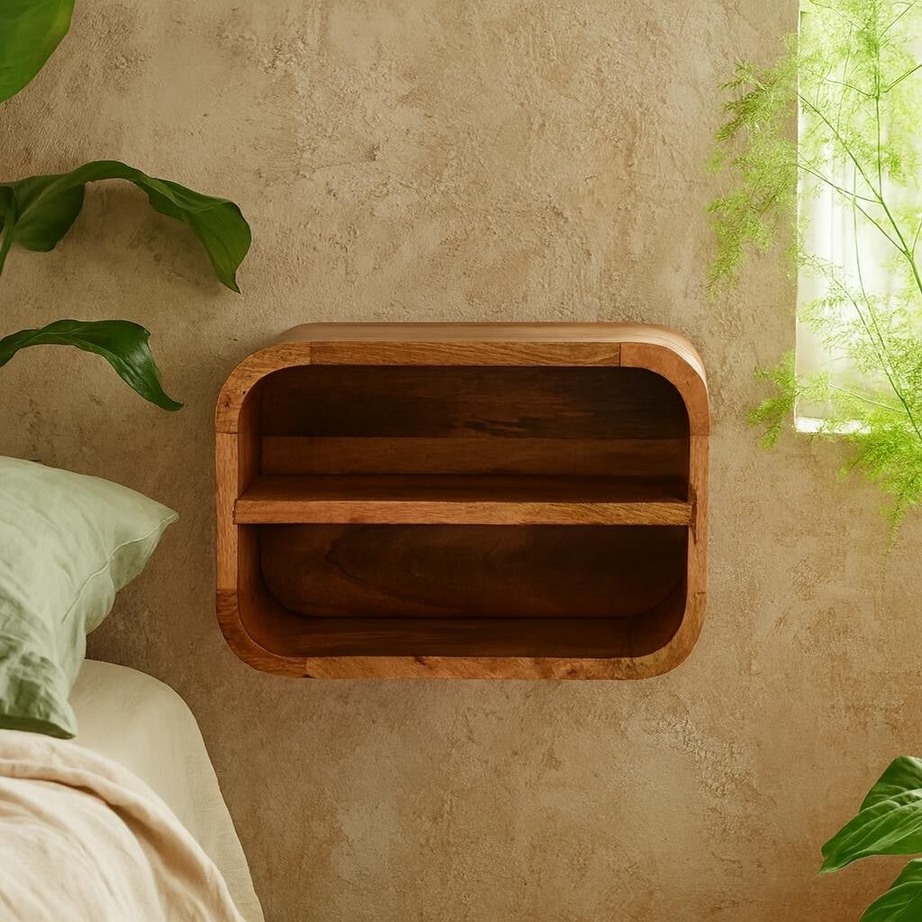 Rackhams Assisi Oak Mango Wood Open Shelf Floating Open Curve Bedside Table