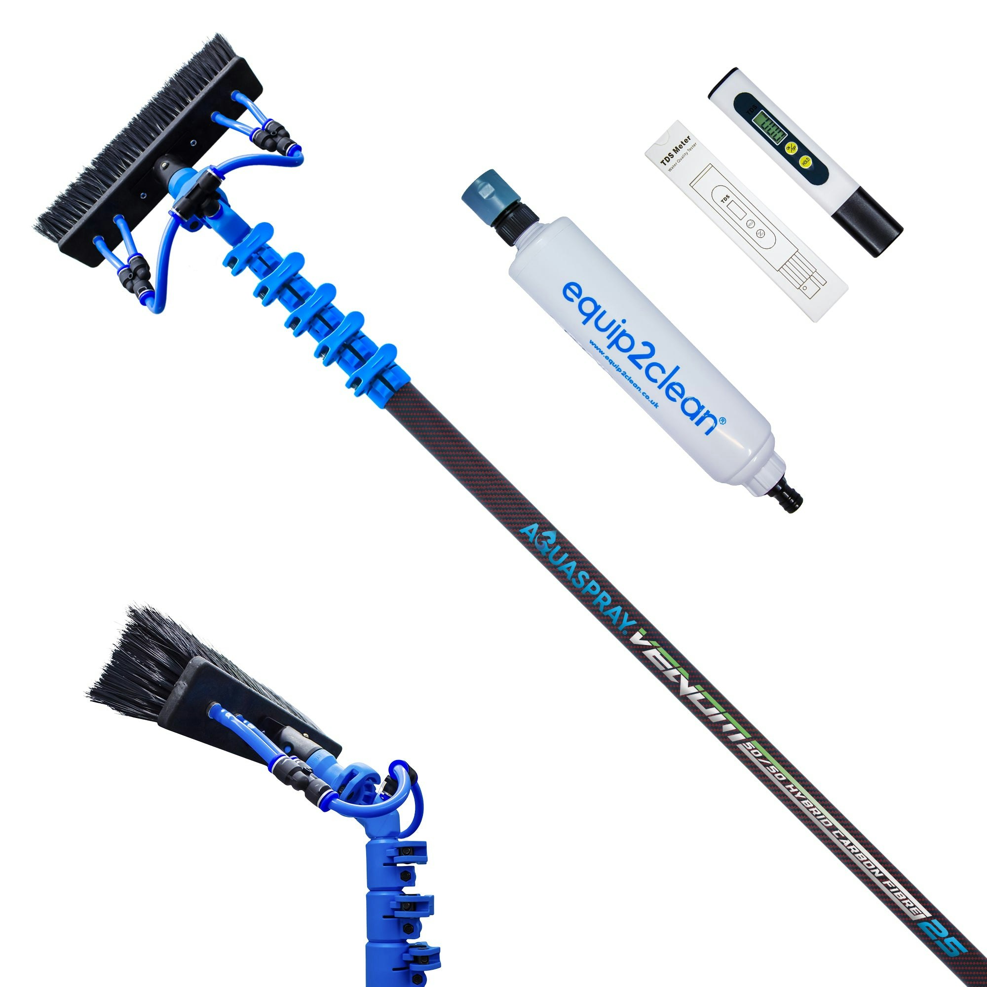 Rackhams Equip2clean Aquaspray® Venom Bundle Kit - 25Ft Water-Fed Telescopic Window Cleaning Pole + Inline Di-Filter + Tds Meter