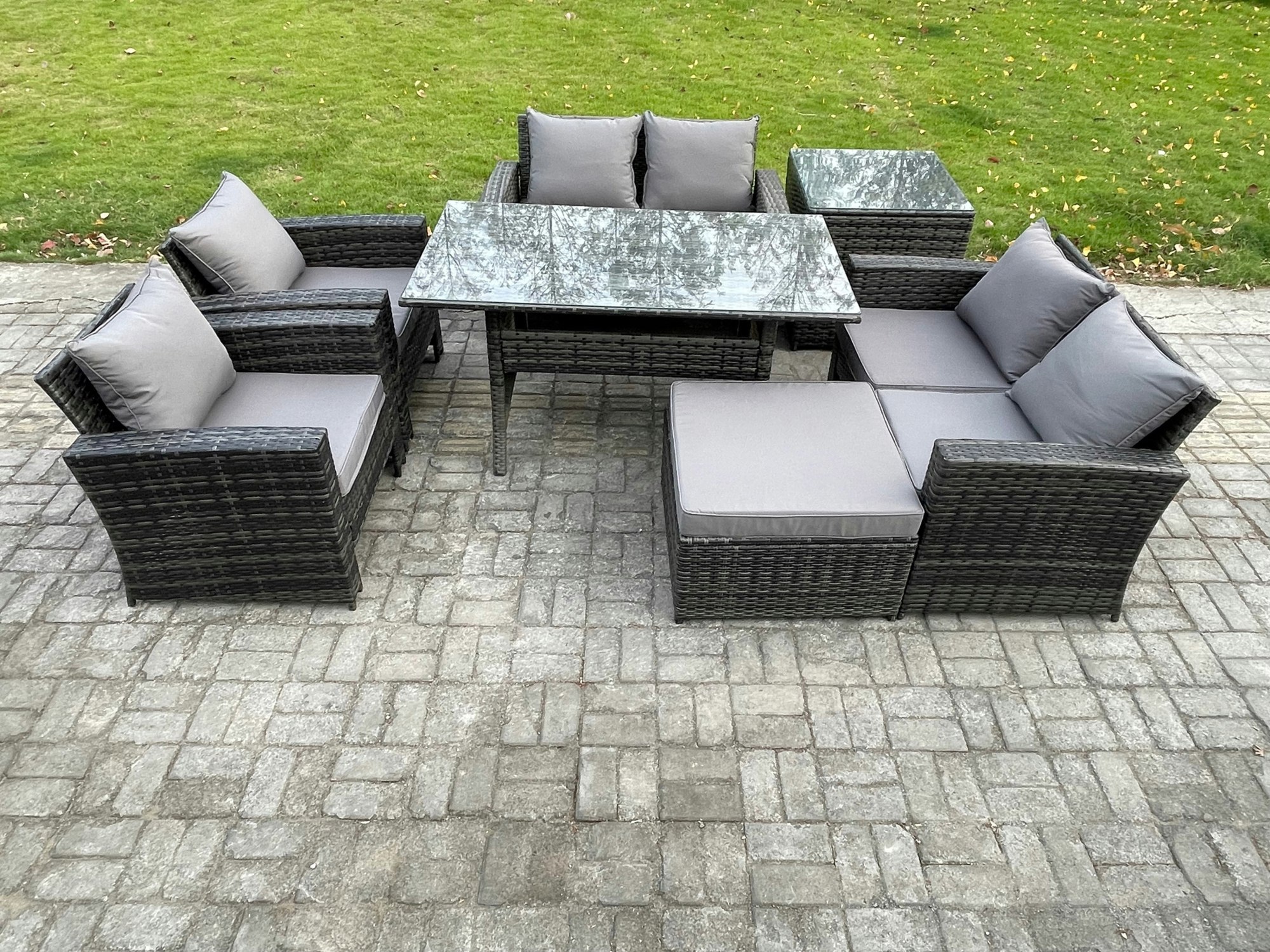 Fimous Dark/Grey 7 Seater Mixed Rattan Outdoor Lounge Set - Oblong Dining Table, Double Sofa & Footstool