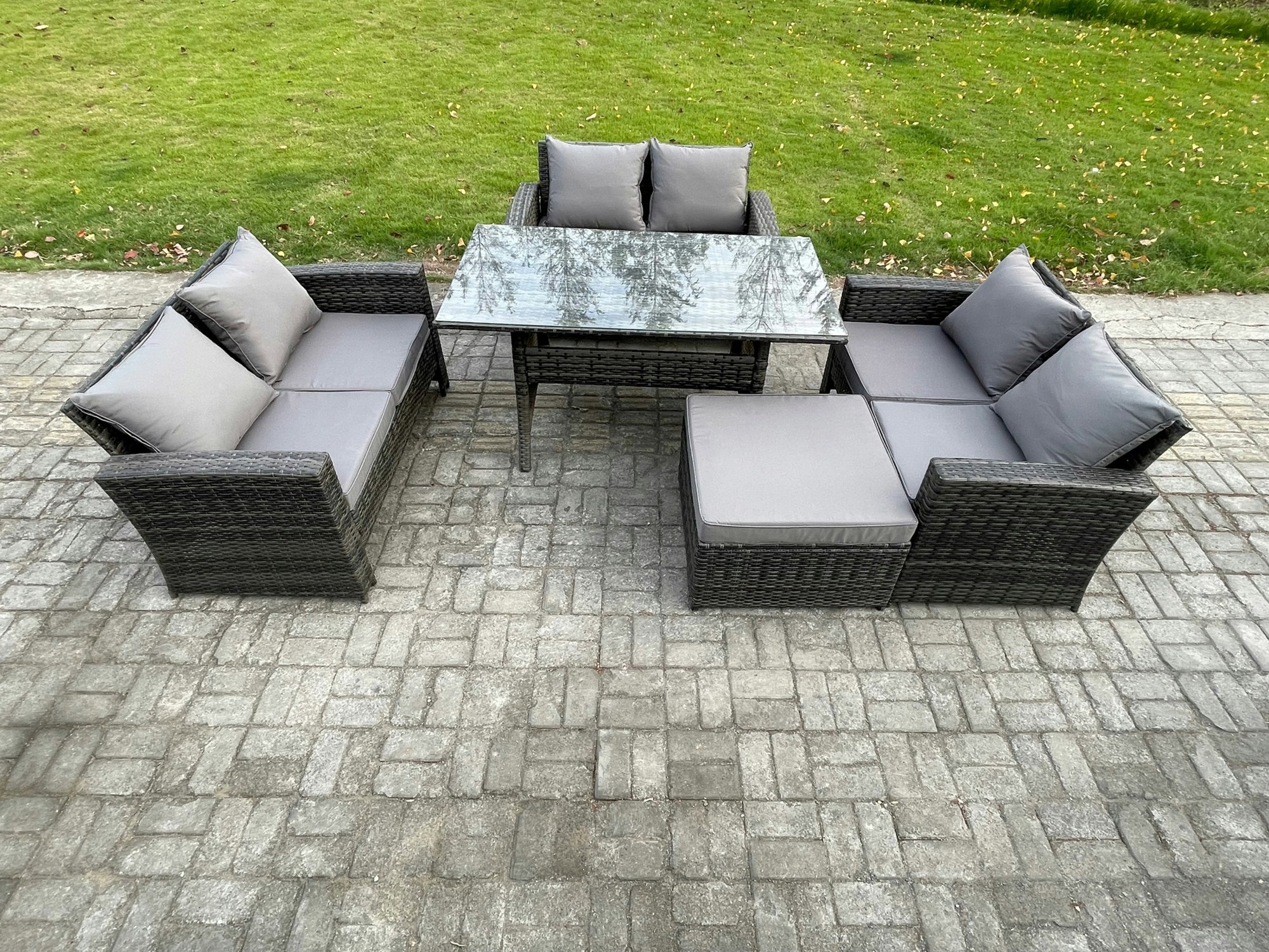 Fimous 7 Seater Rattan Wicker Garden Furniture Patio Conservatory Sofa Set Indoor Outdoor With Dining Table Double Seat Sofa Big Footstool