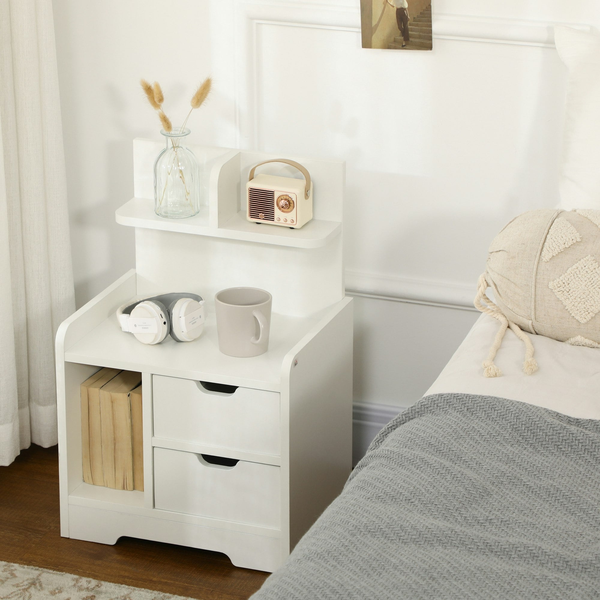 Rackhams White Modern Bedside Table W/2 Drawer And Storage Shelves Chest For Bedroom
