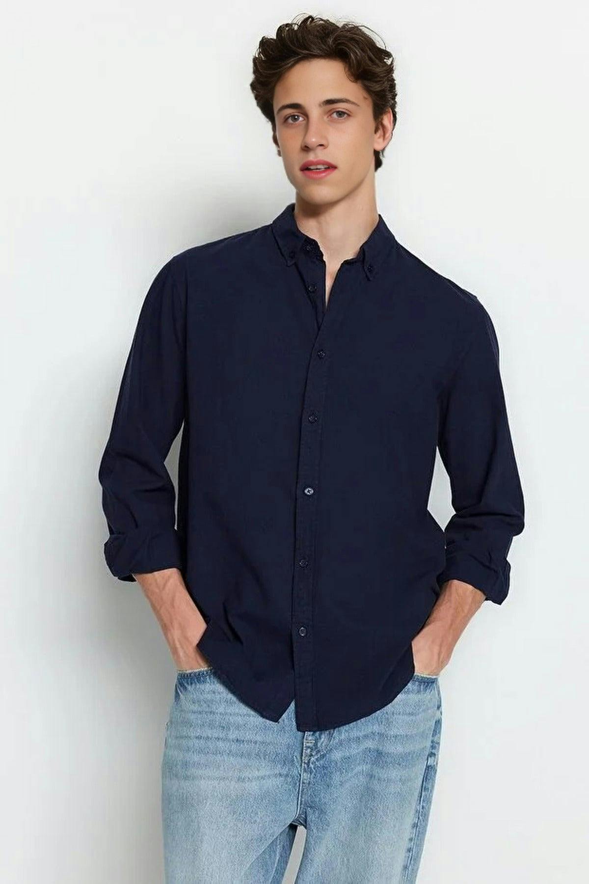 Wovcor Men's 100% Cotton Linen Look ’S Shirt - Navy - L