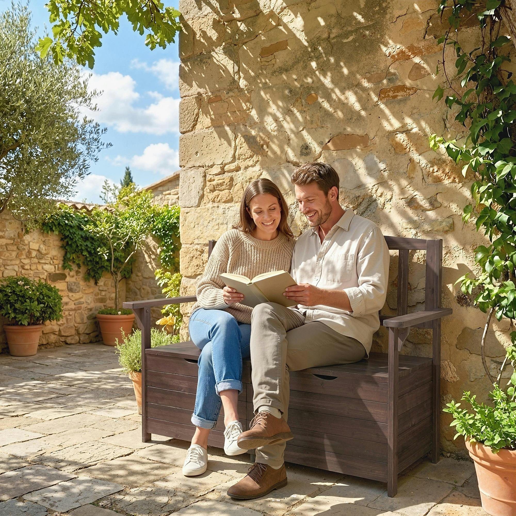 Rackhams Brown Outdoor 2 Seater Garden Bench, Garden Storage Bench With Backrest - Fir Wood - Garden Bench