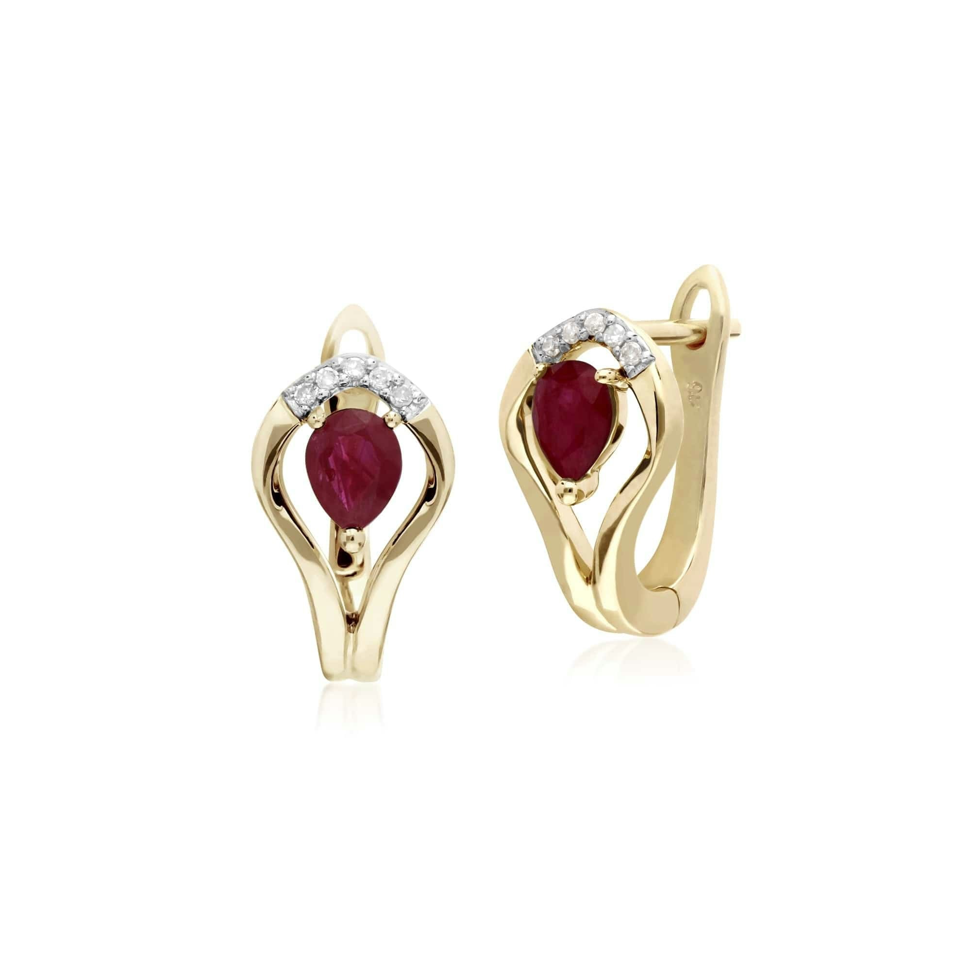 Gemondo Yellow/Gold Classic Round Ruby & Diamond Leaf Halo Lever Back Earrings In 9Ct
