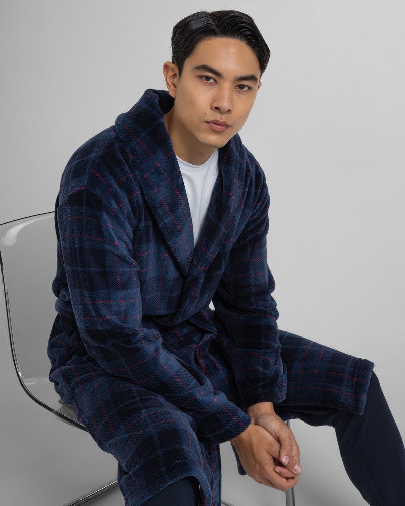 Steel & Jelly Canary - Check Supersoft Fleece Dressing Gown - Navy - M