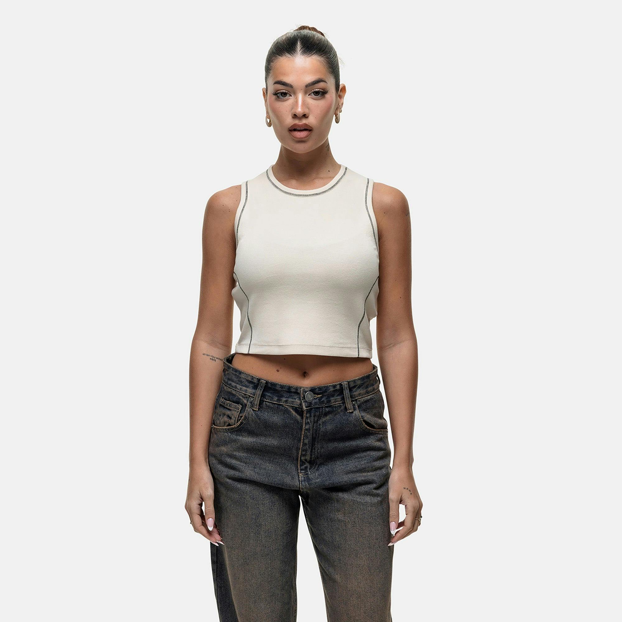 Good For Nothing Cream Stitch Detail Cropped Vest Top - S