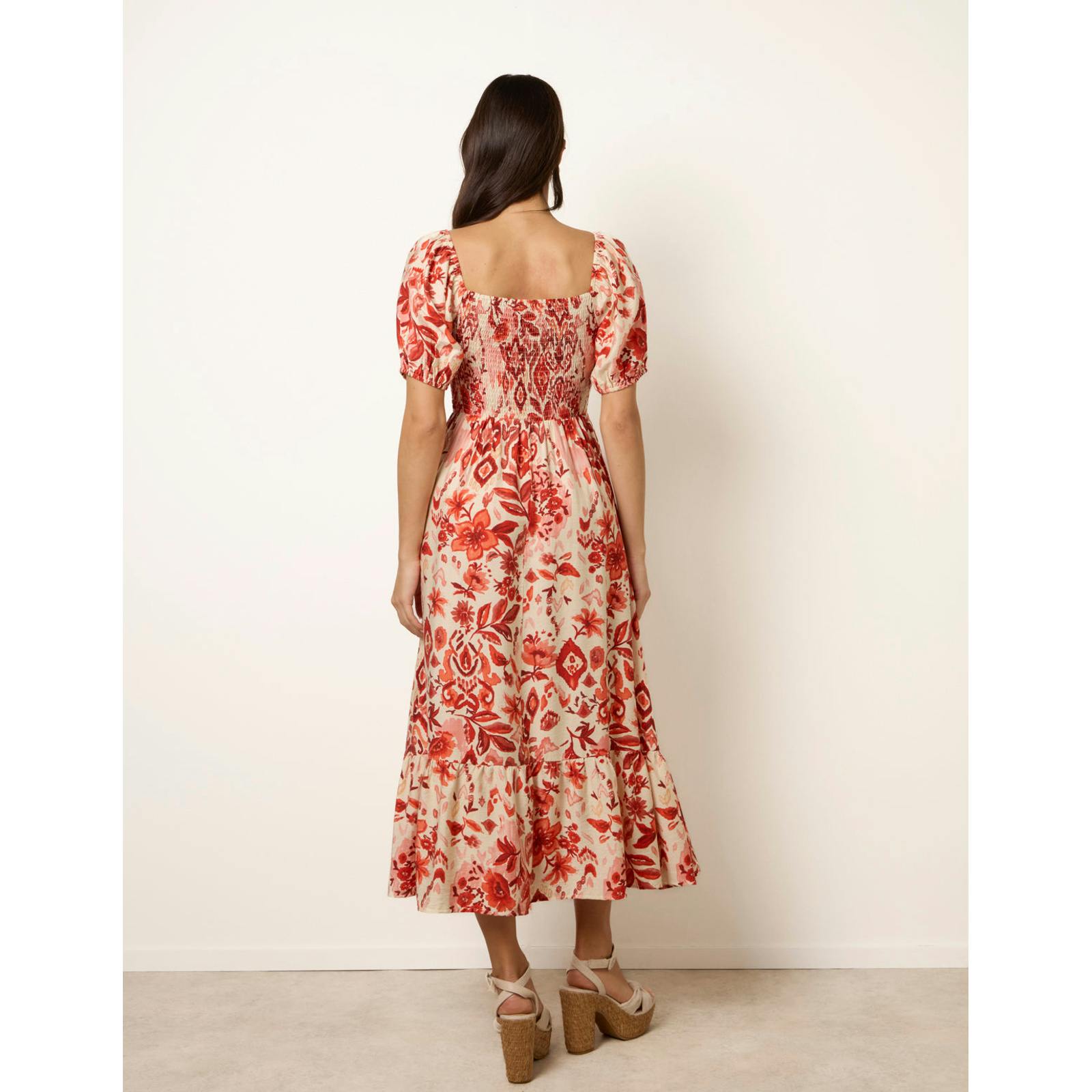 Blue Vanilla Blue/Orange Vanilla Watercolour Floral Shirred Puff Sleeve Midi Dress - S