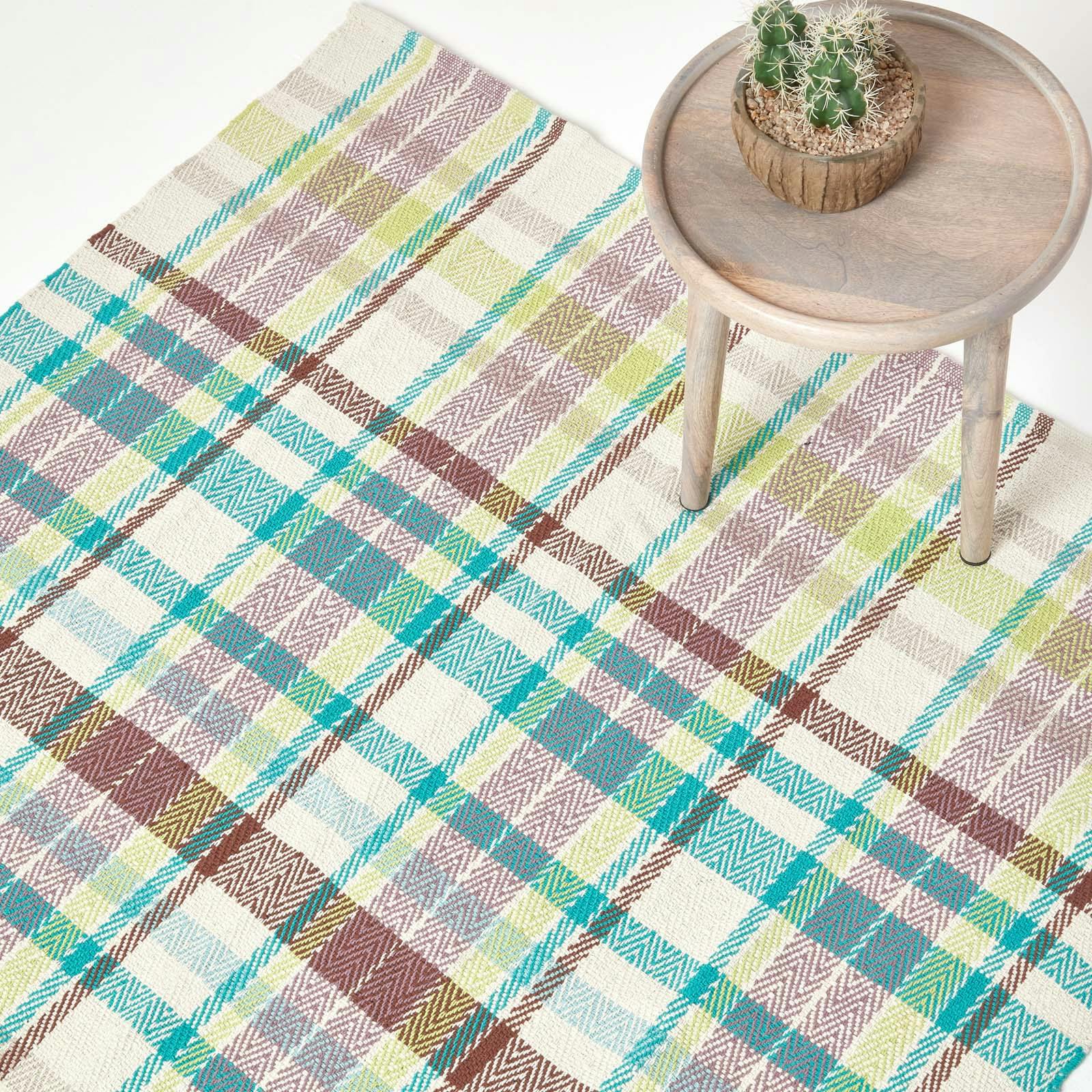 Rackhams Blue/Yellow/Brown Wilson Handwoven And Tartan 100% Cotton Rug - 120 X 170 Cm