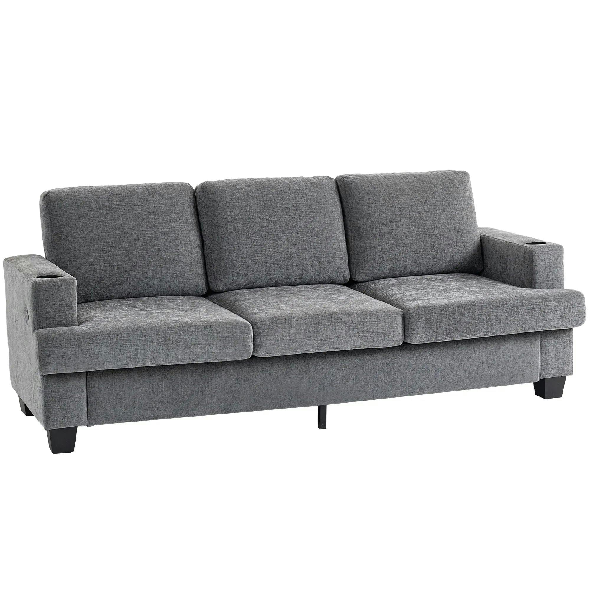 HOMCOM 3 Seater Sofa with USB Ports & Cup Holders 213 cm Modern Grey | Chenille-Feel Fabric, Thick Padded, Steel Frame, Upholstered Settee, Living Room, Bedroom, Home Office - Image 2