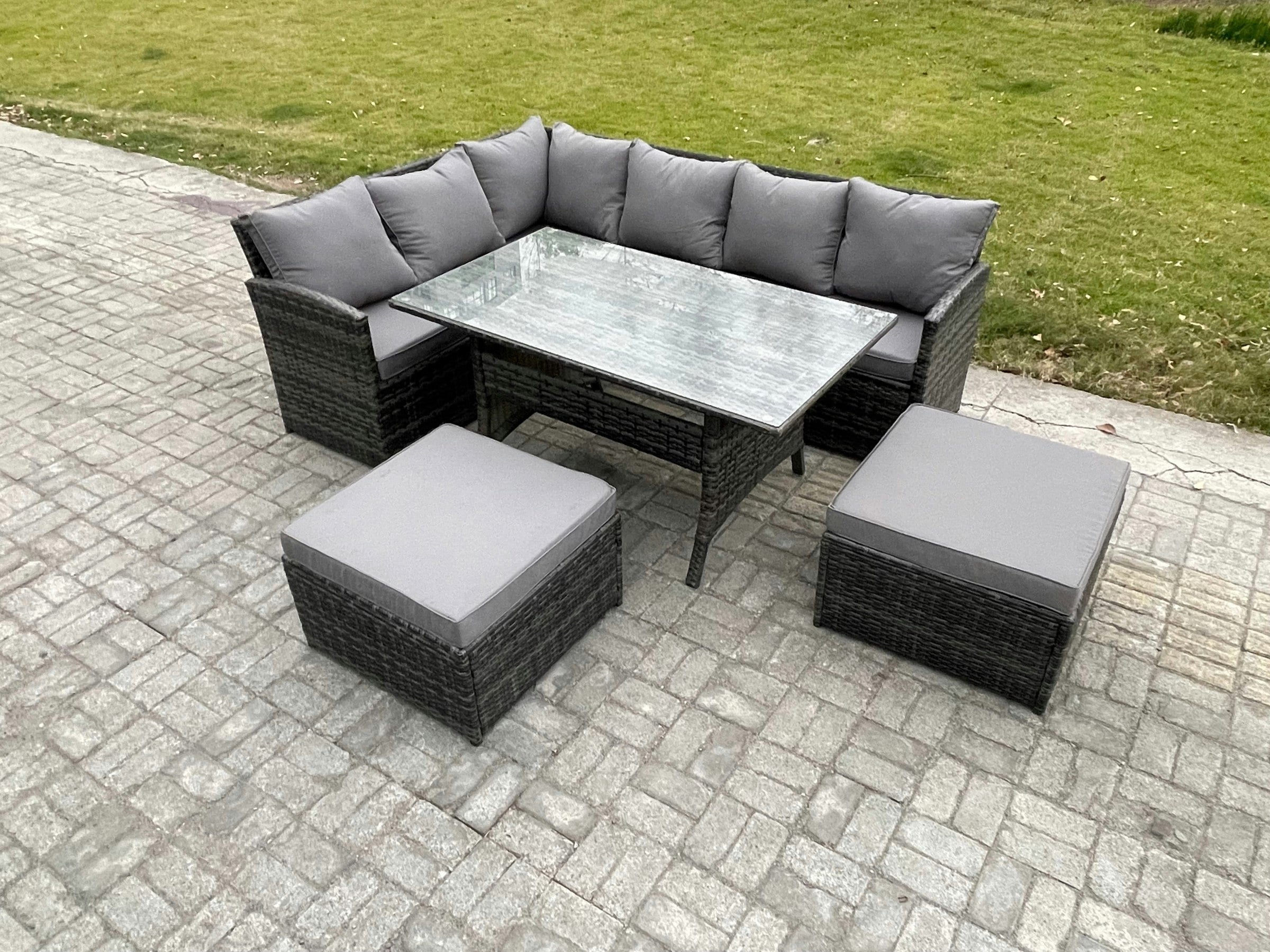 Rackhams Dark/Grey 8 Seater Outdoor Rattan Garden Furniture Set With Rectangular Dining Table 2 Big Footstool Patio Wicker Corner Sofa Set Mixed