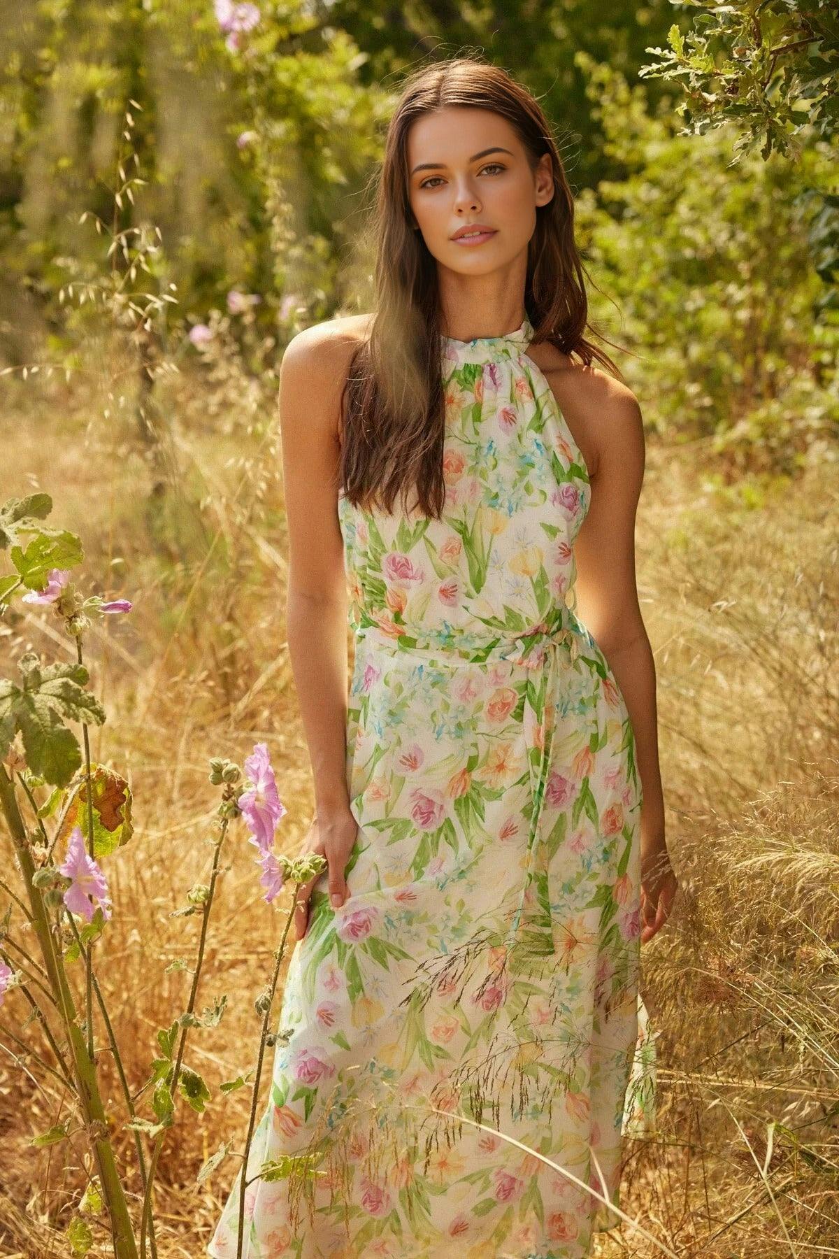 Wovcor Floral Patterned Belted A-Line Halter Neck Lined Chiffon Midi Dress - Multi - 6