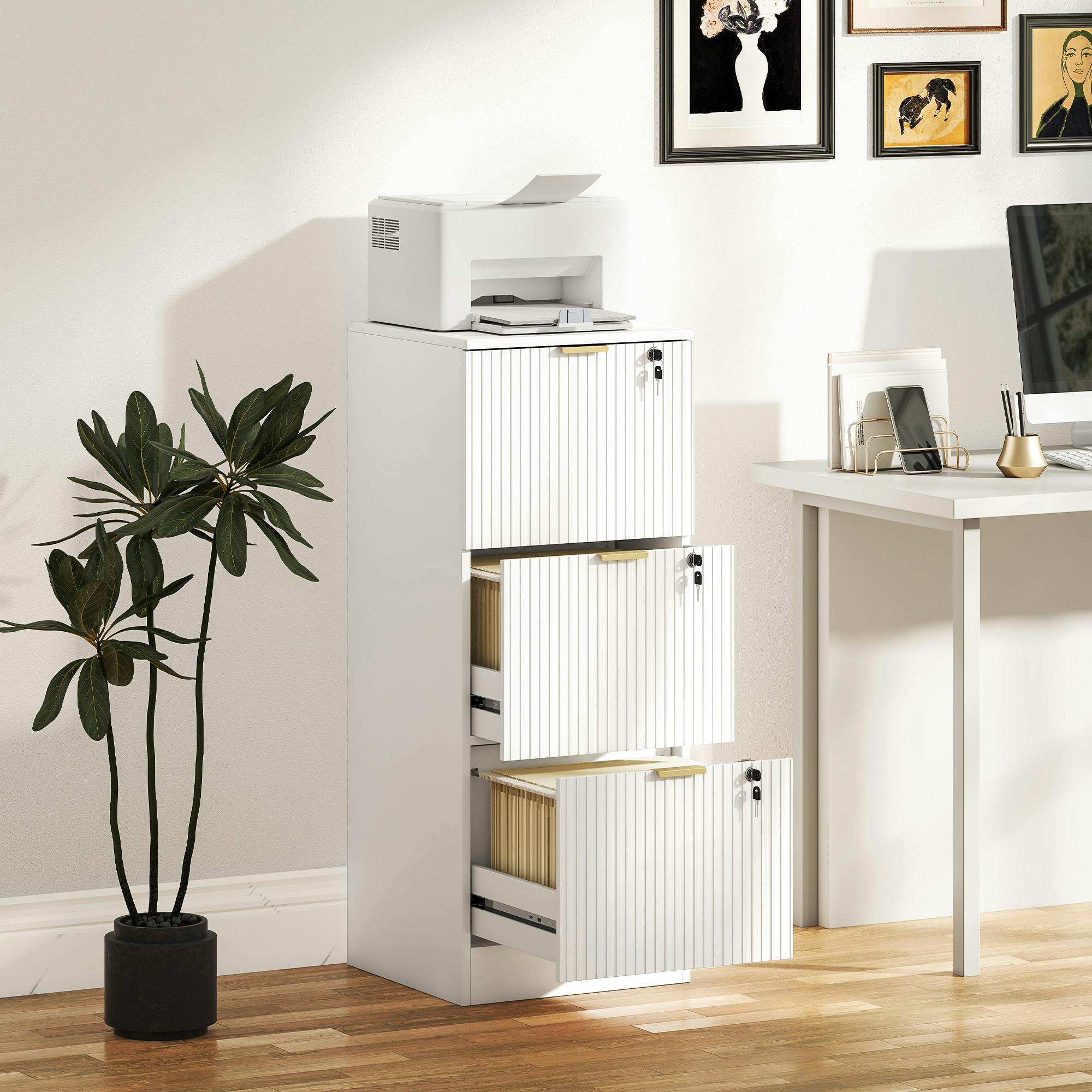 Homcom White/Gold Filing Cabinet, File Cabinet With 3 Lockable Drawers And Hanging Rails
