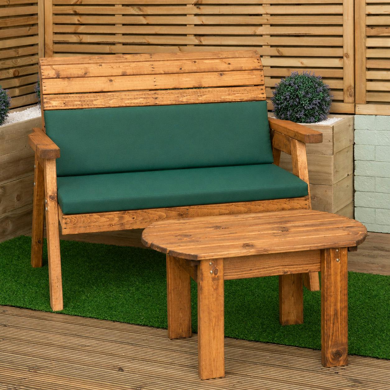 Samuel Alexander 2 Seater Chunky Rustic Wooden Love Seat With Tray, Coffee Table And Green Cushions - Brown/Green - Image 2