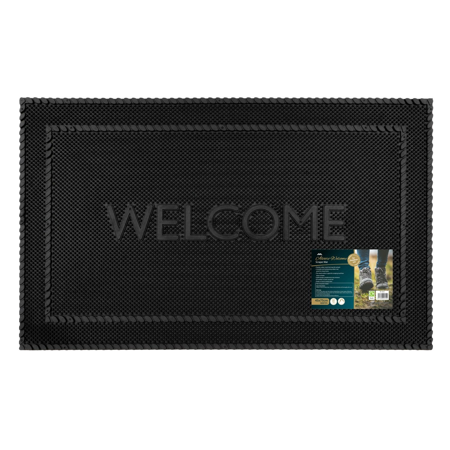 Rackhams Black Alvaro Welcome Scraper Rubber Pin Doormat, 45X75cm,