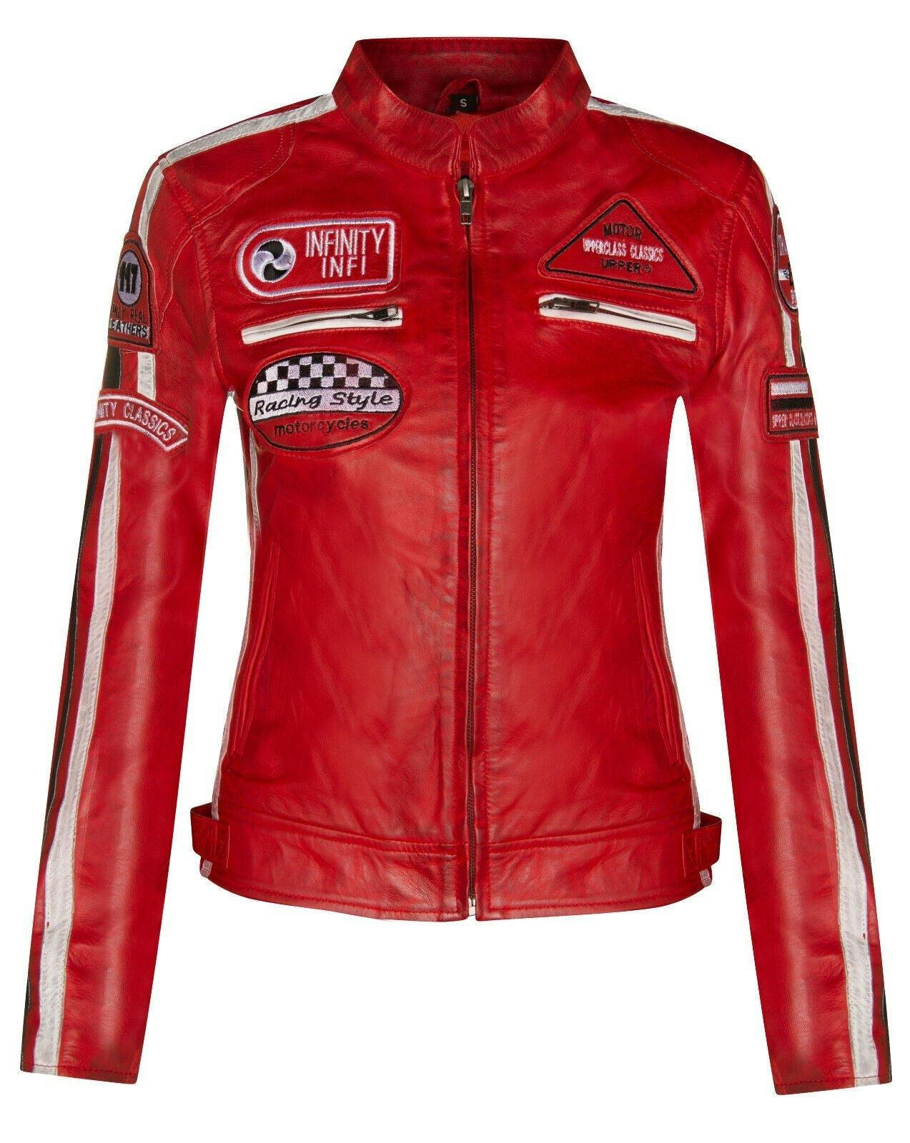 Infinity Leather Women's Red Biker Racing Badges Leather Jacket-Eastleigh - Uk Xs/8 | Eu 34 | Us 4