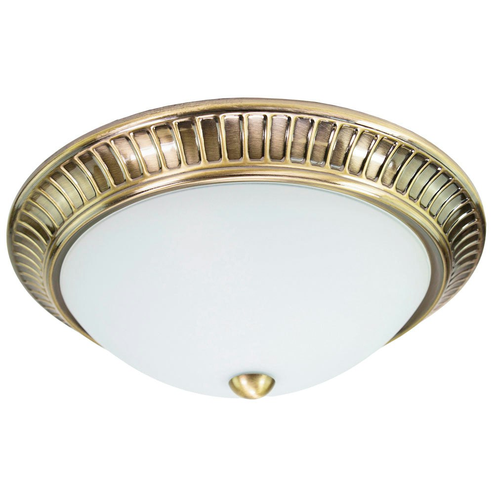 Rackhams Light Traditional Antique Brass Flush Ceiling Fitting With Opal Glass Diffuser