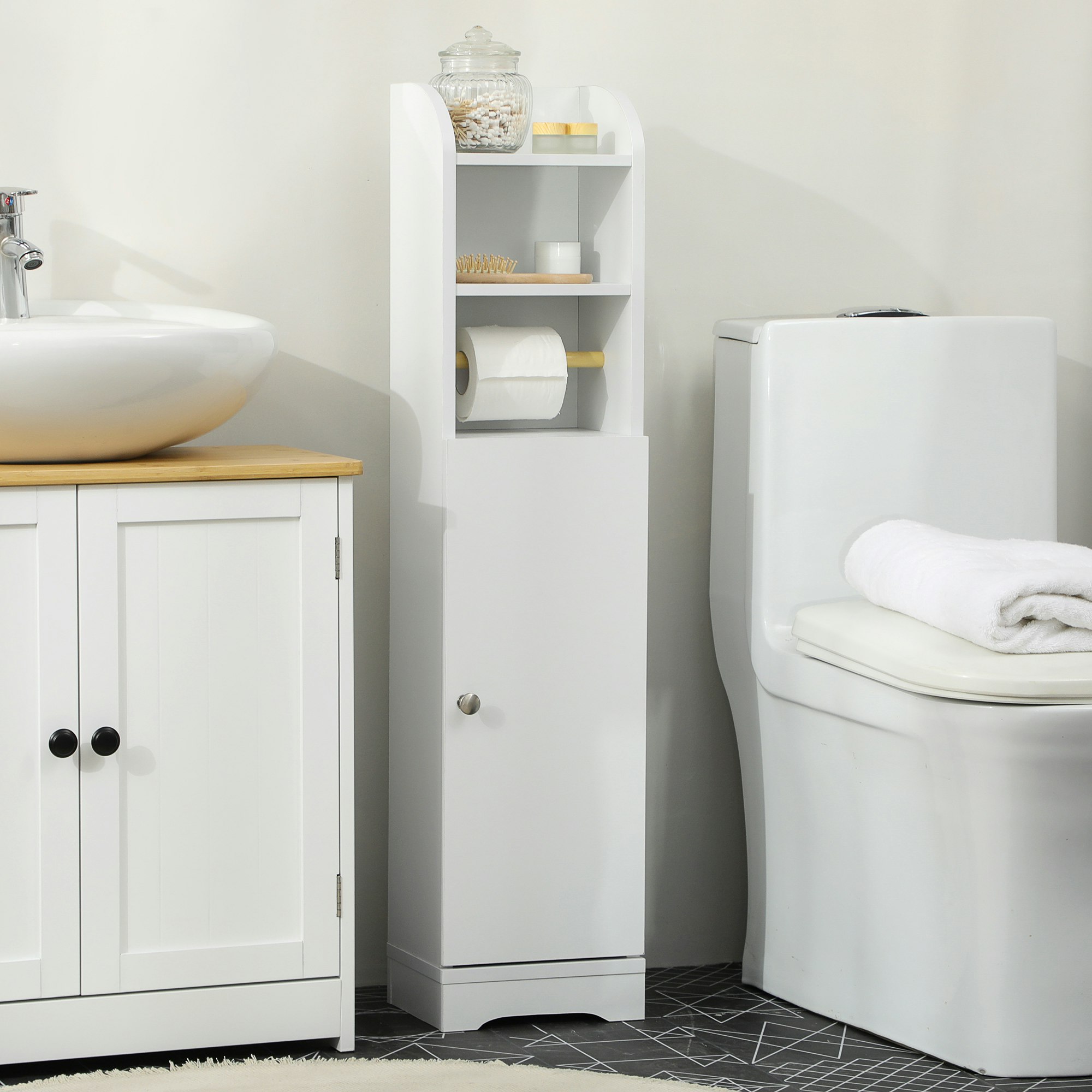 Rackhams White Freestanding Bathroom Storage Unit With Adjustable Shelf, - Slim Bathroom Storage Cabinet - 1