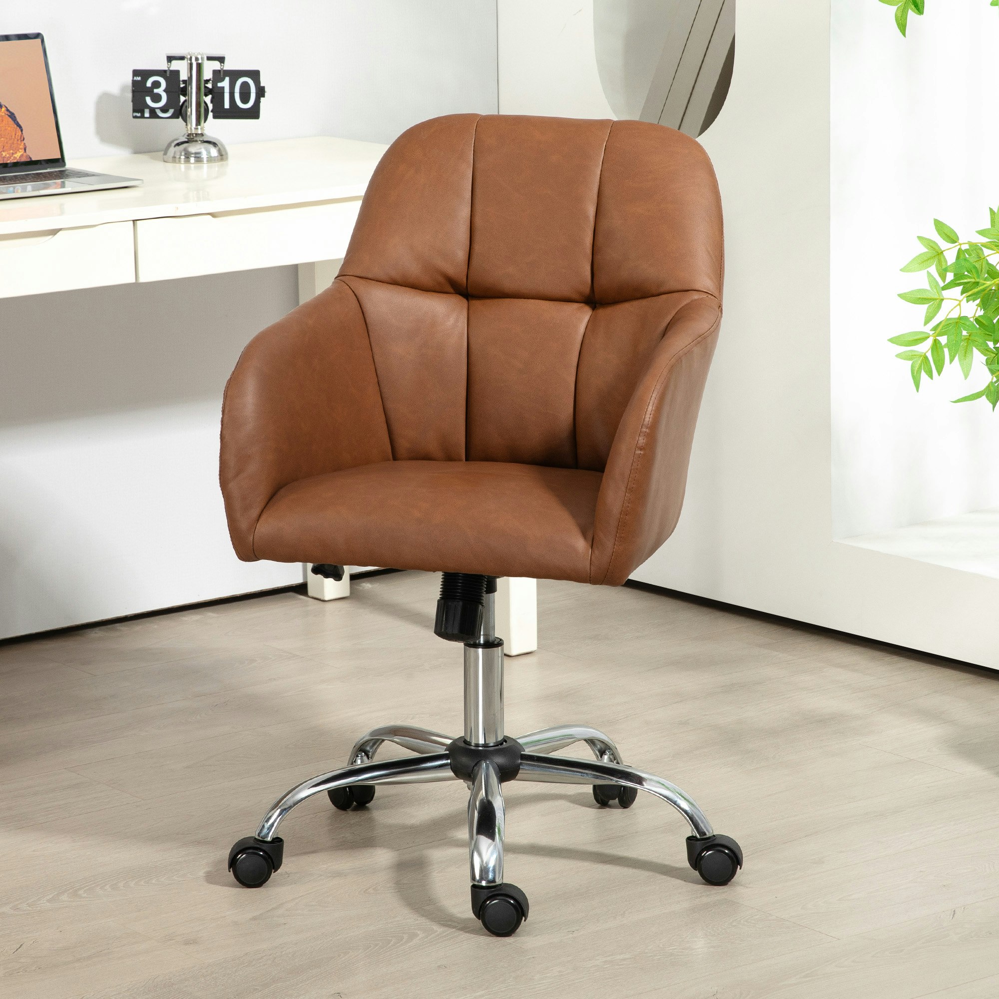 Rackhams Grey/Brown Computer Desk Chair With Pu Leather, Swivel Wheels,